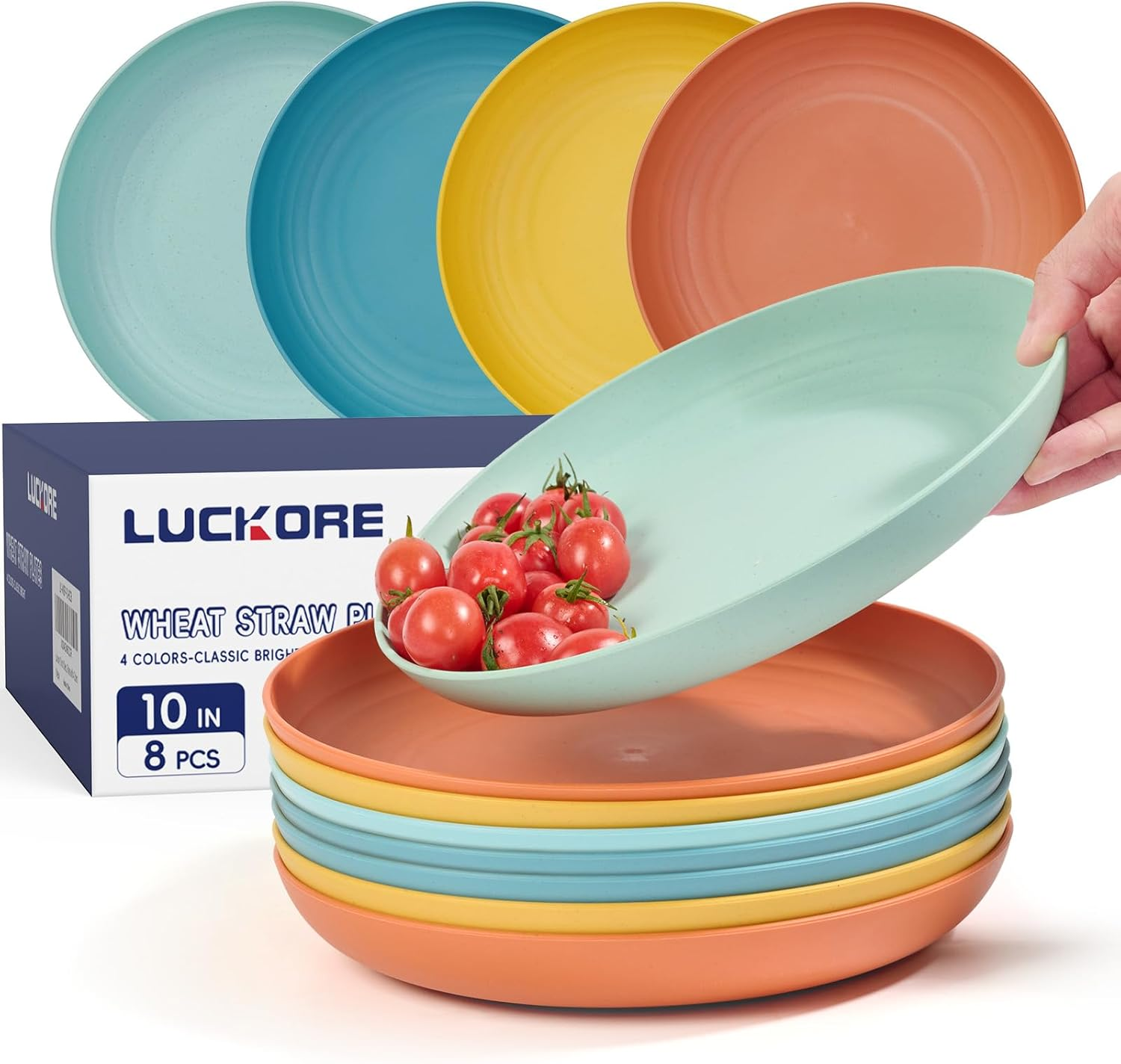 10 inch Deep Dinner Plates Set of 8 Wheat Straw Plates, Unbreakable Dinner Dishes Alternative for Plastic Microwave and Dishwasher Safe for Kitchen with 4 Colors Classic Bright