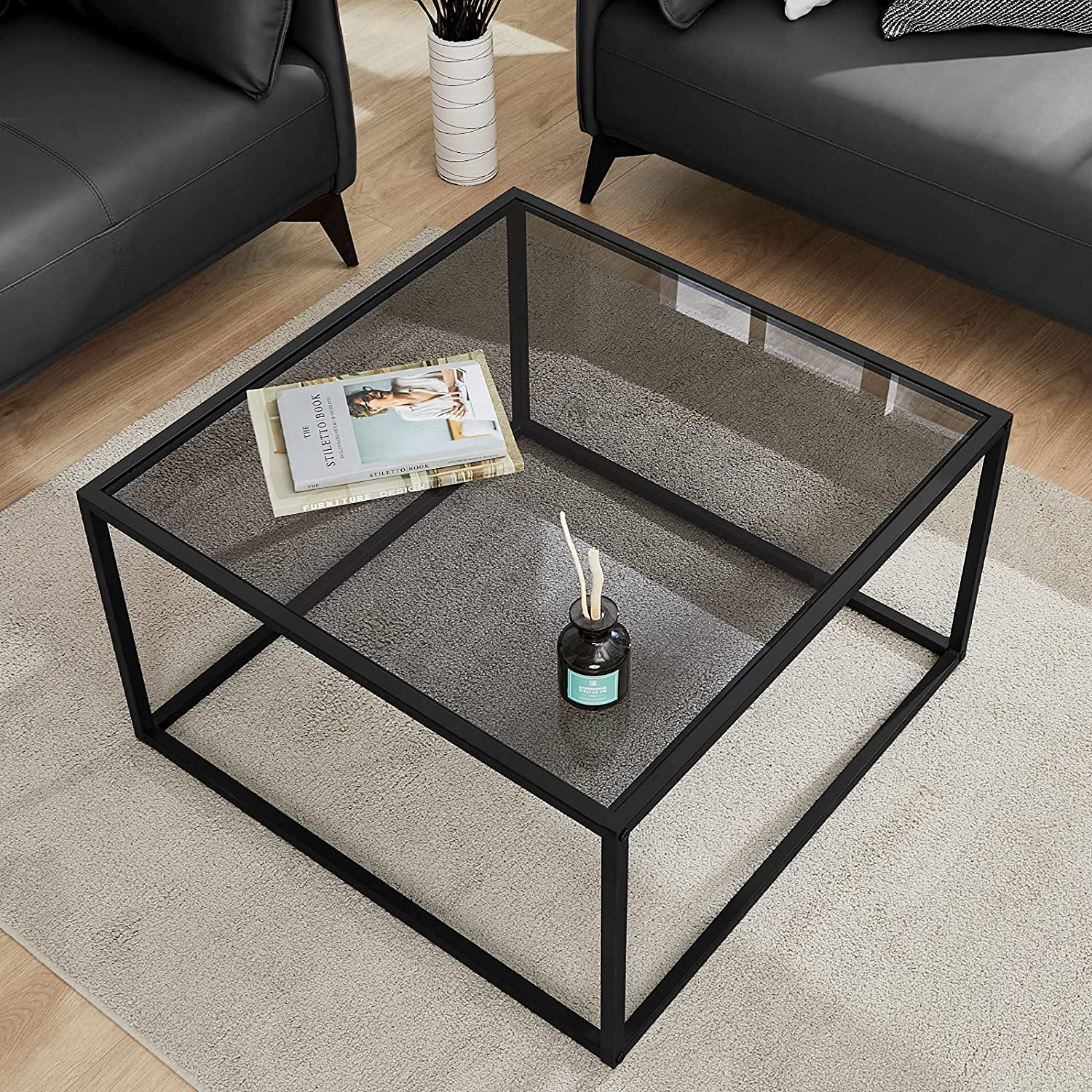 Glass Coffee Table, Small Modern Coffee Table Square Simple Center Tables for Living Room 26.7 X 26.7 X 17.7 Inches, Gray Black