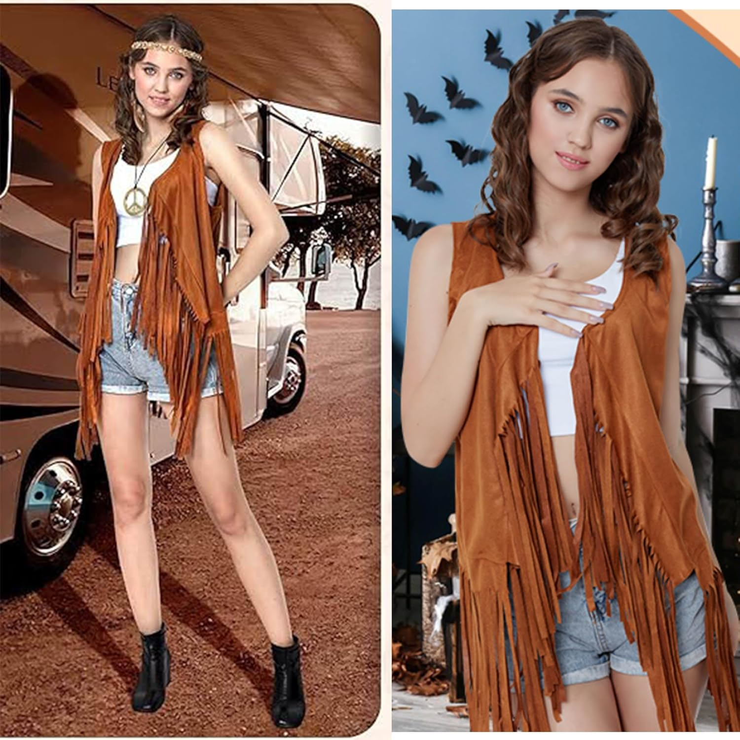 70s 80s Hippie Costume Women Fringe Vest Set Cowgirl Costume 70s Disco Outfit... - Picture 3 of 17