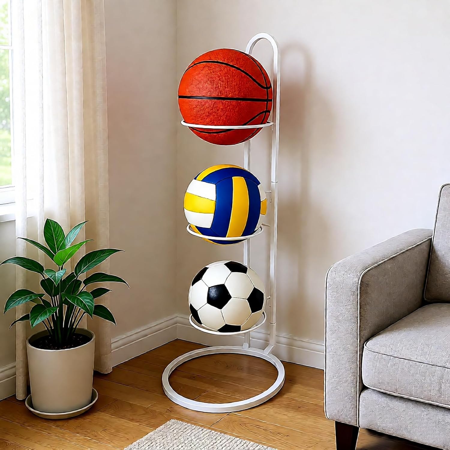 Ball Storage Rack, White Metal, 3-Tier Vertical Organizer for Basketball, Soccer, Volleyball, Sports Equipment Holder (3-Tier)