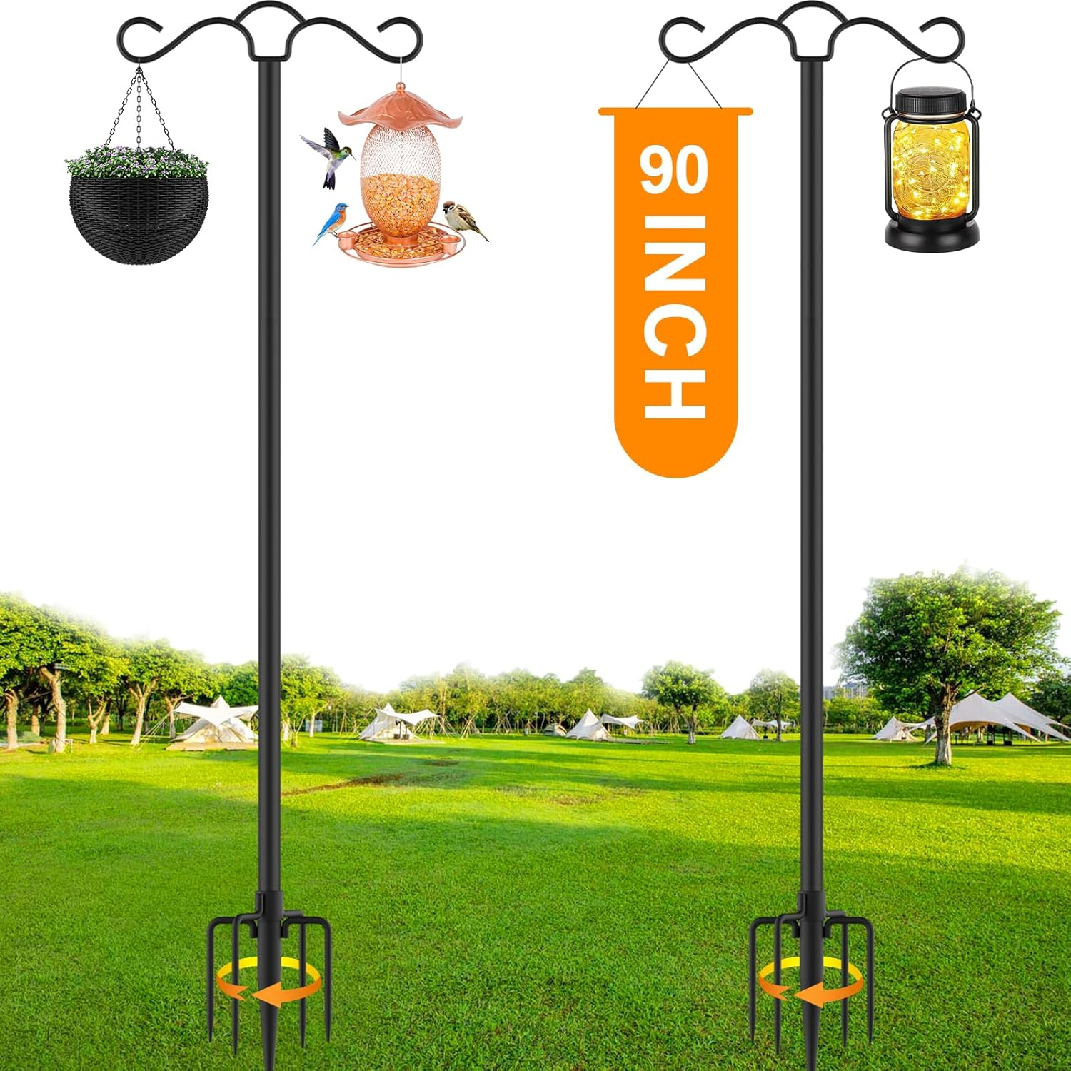 2 Pack 90 Inch Double Shepherds Hook for Outdoor with 5 Prong Base Heavy Duty Two Sided Bird Feeder Pole for Hanging Lantern,Hummingbird Feeder,Lightweight Plant,Shepherds Hook