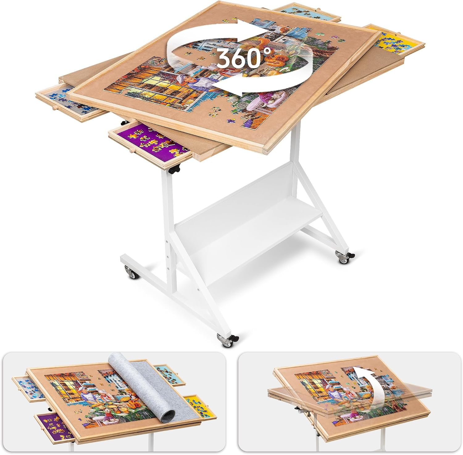 Jigsaw Puzzle Table with Angle & Height Adjustment, Wooden Puzzle Board with Cover & 4 Colored Drawers, Tilting Puzzle Easel with Legs & 4 Roller Wheels, for up to 1500 Pieces
