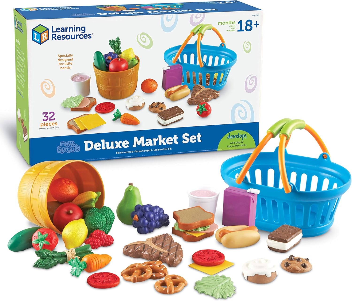 New Sprouts Deluxe Market Set - Pretend Play Kitchen, Fruit Basket, Toddler Outdoor Play Food Toys, Kids Playset, Shopping Basket, Fine Motor Skills, Montessori Sensory Cooking