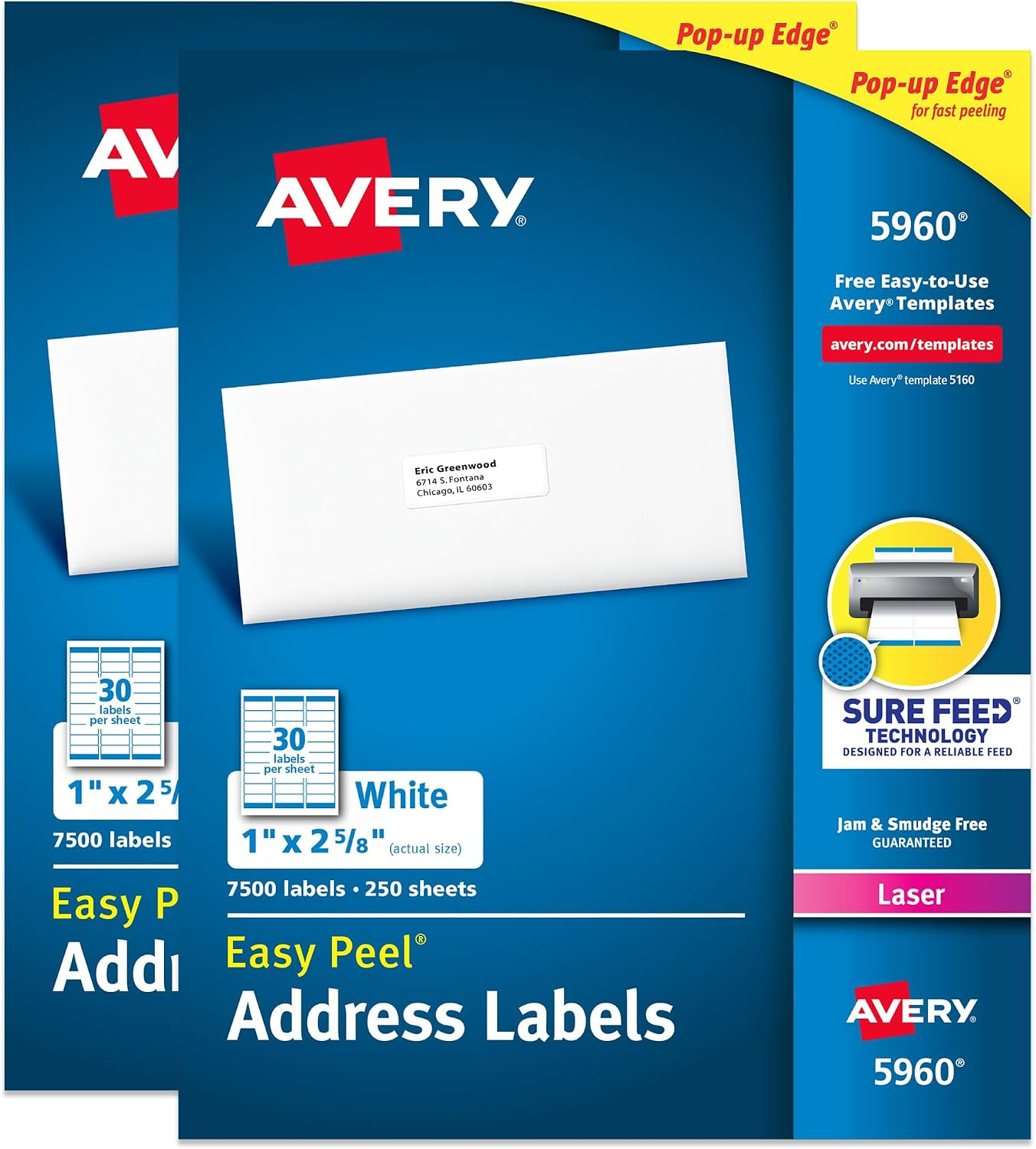 Easy Peel Printable Address Labels with Sure Feed, 1" X 2-5/8" Customizable Stickers, White, 15,000 Blank Mailing Labels, Great for Mailing, Shipping, and More (2-Pack of 5960)