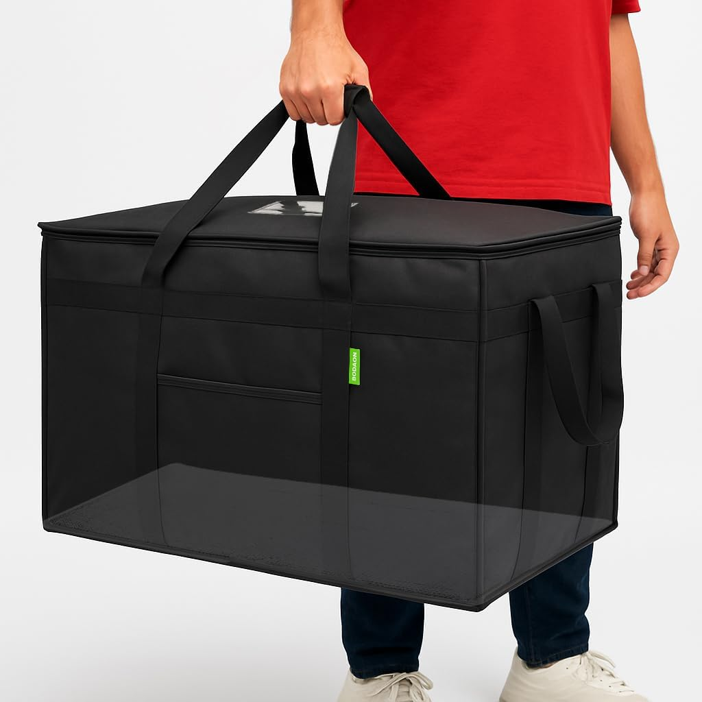 Insulated Food Delivery Bag with Included Baseboard, Heavy-Duty Thermal XXXL Cold/Hot Lunch Warmer for Delivery Drivers, Reusable Grocery Carrier for Pizza, Drinks, Camping, Commercial, Black
