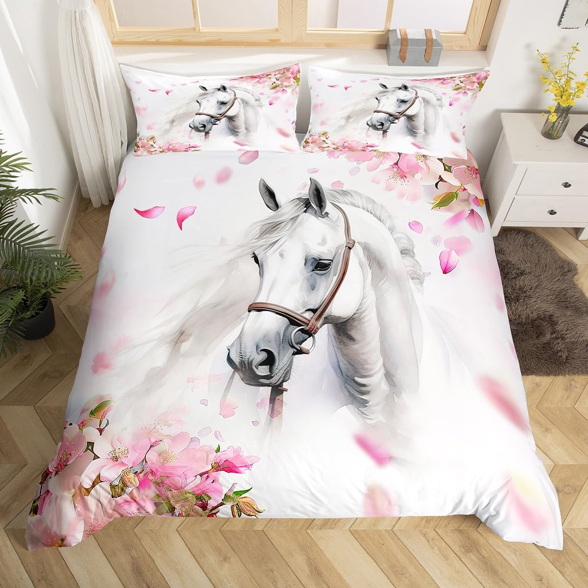 Erosebridal Girls Horse Bedding Set Queen Size, Chic Pink Cherry Blossom Duvet Cover for Kids Girls, 3D Galloping Horse Comforter Cover, Western Horses Bed Set 3Pcs, Rustic Farmhouse Bedroom Decor