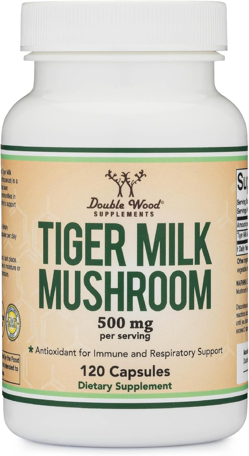 Double Wood Supplements Tigers Milk Mushroom Supplement (Lignosus Fungi) 500Mg per Serving, 120 Capsules (Antioxidant for Respiratory and Lung Health Support) Vegan Safe, Non-Gmo