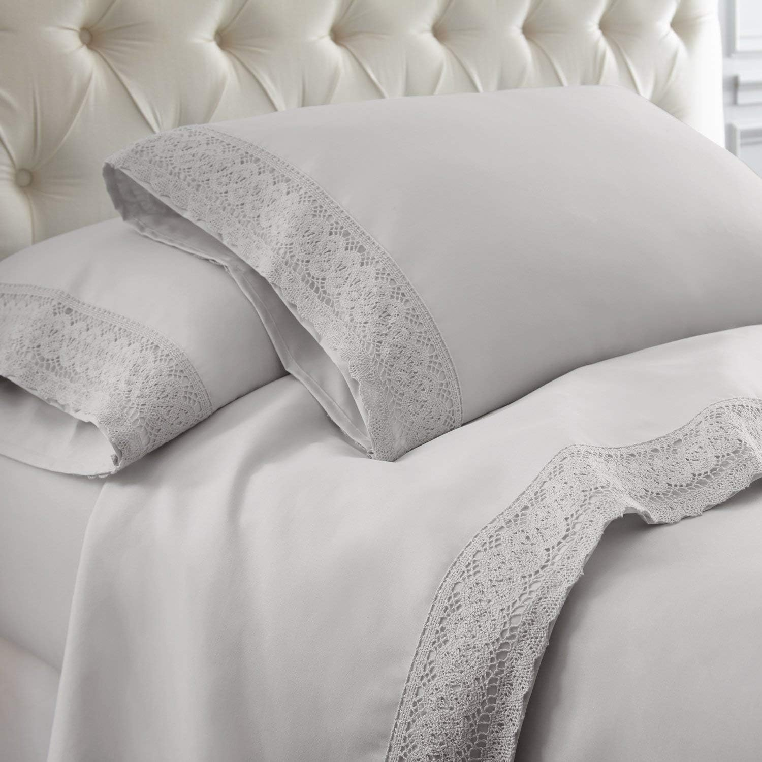 Shangri La Crochet Lace Microfibre Sheet Set, Double, Silver