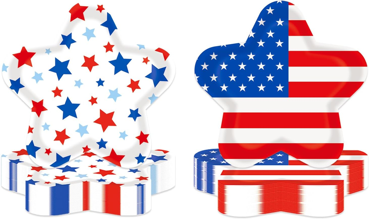 50 PCS 4Th of July Paper Dessert Plates, 2 Style Patriotic Star Shape Plates American Flag Disposable Party Supplies Tableware for Memorial Day, Independence Day Party Decorations Supplies