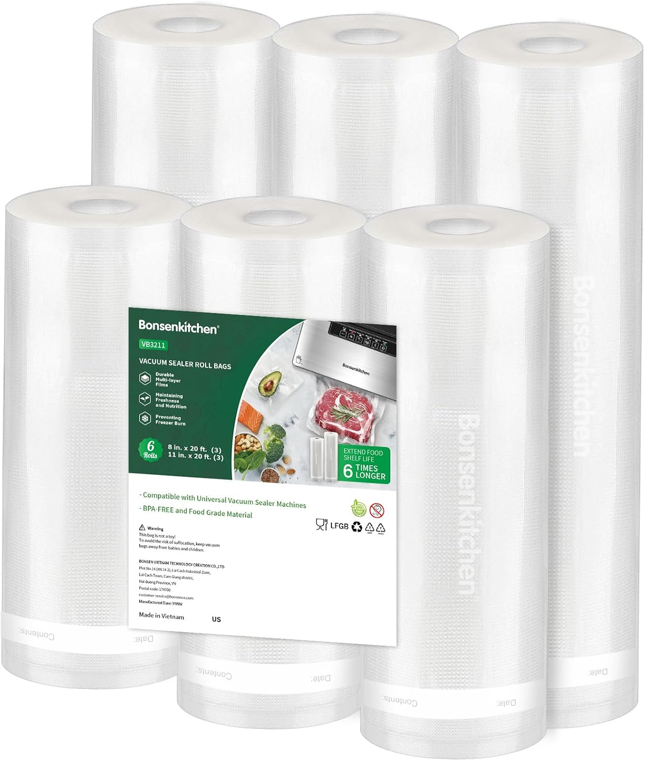 Bonsenkitchen Vacuum Sealer Rolls Bags, 6 Pack 3 Rolls 11" X 20' + 3 Rolls 8" X 20' Commercial Grade BPA Free Bag Rolls, Durable Customized Size Food Vac Bags for Storage and Sous Vide Cooking VB3211