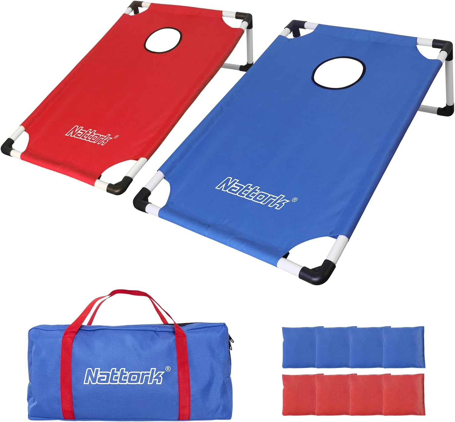 Portable Cornhole Set PVC Framed Corn Holes Outdoor Game Set with 2 Cornhole Boards, 8 Cornhole Bean Bags and Carrying Case, Games Indoor Outdoor for Kids Adults Family, Travel Camping Accessory