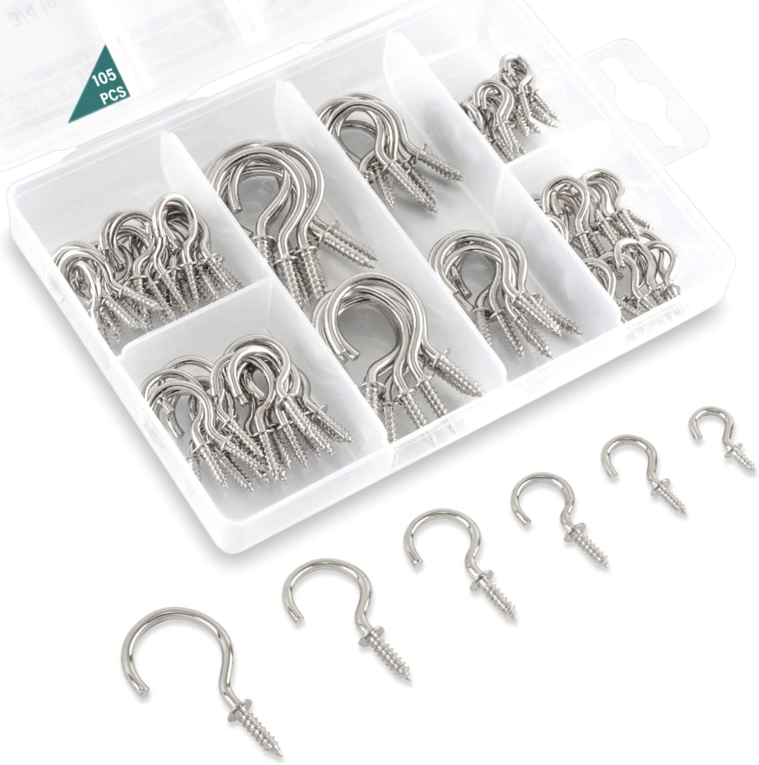 105 Pcs Screw Hooks, 6 Sizes Silver Cup Hooks, Screw in Hooks for Hanging, Metal Cup Hook Screw in (1/2