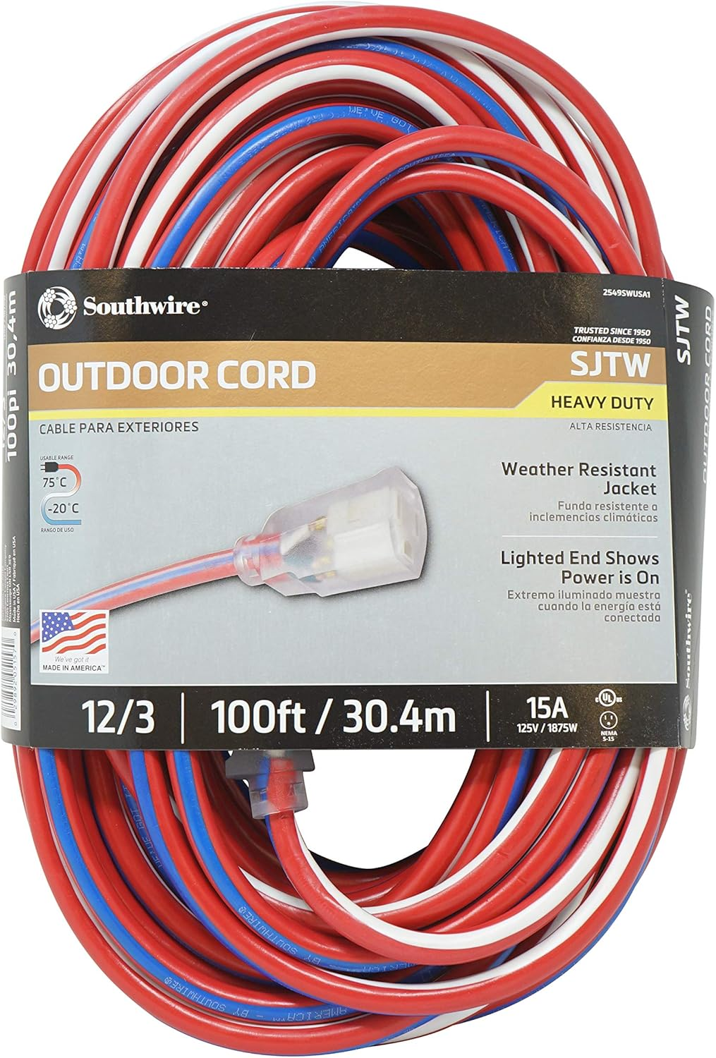 Southwire Heavy Duty Extension Cord, 100Ft, 12 Gauge, 3 Conductor, Water Resistant Flexible Jacket, SJTW, Red/White/Blue, 2549SWUSA1