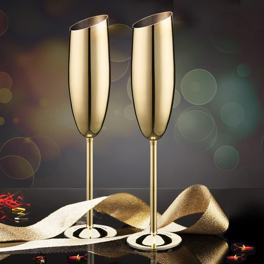Elegant Gold Stainless Steel Champagne Flutes for Celebration Toasting Birthday Anniversary Bride Groom Mr Mrs Wedding Party,Stemed Slanted Unbreakable Champagne Glasses for Christmas,Outdoor
