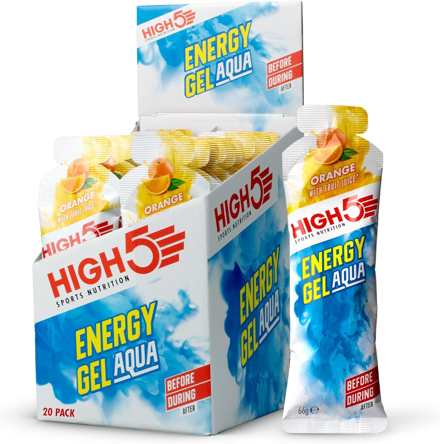 HIGH5 Energy Gel Aqua Liquid Quick Release Energy on the Go from Natural Fruit Juice, Orange, 20 Count (Pack of 1)