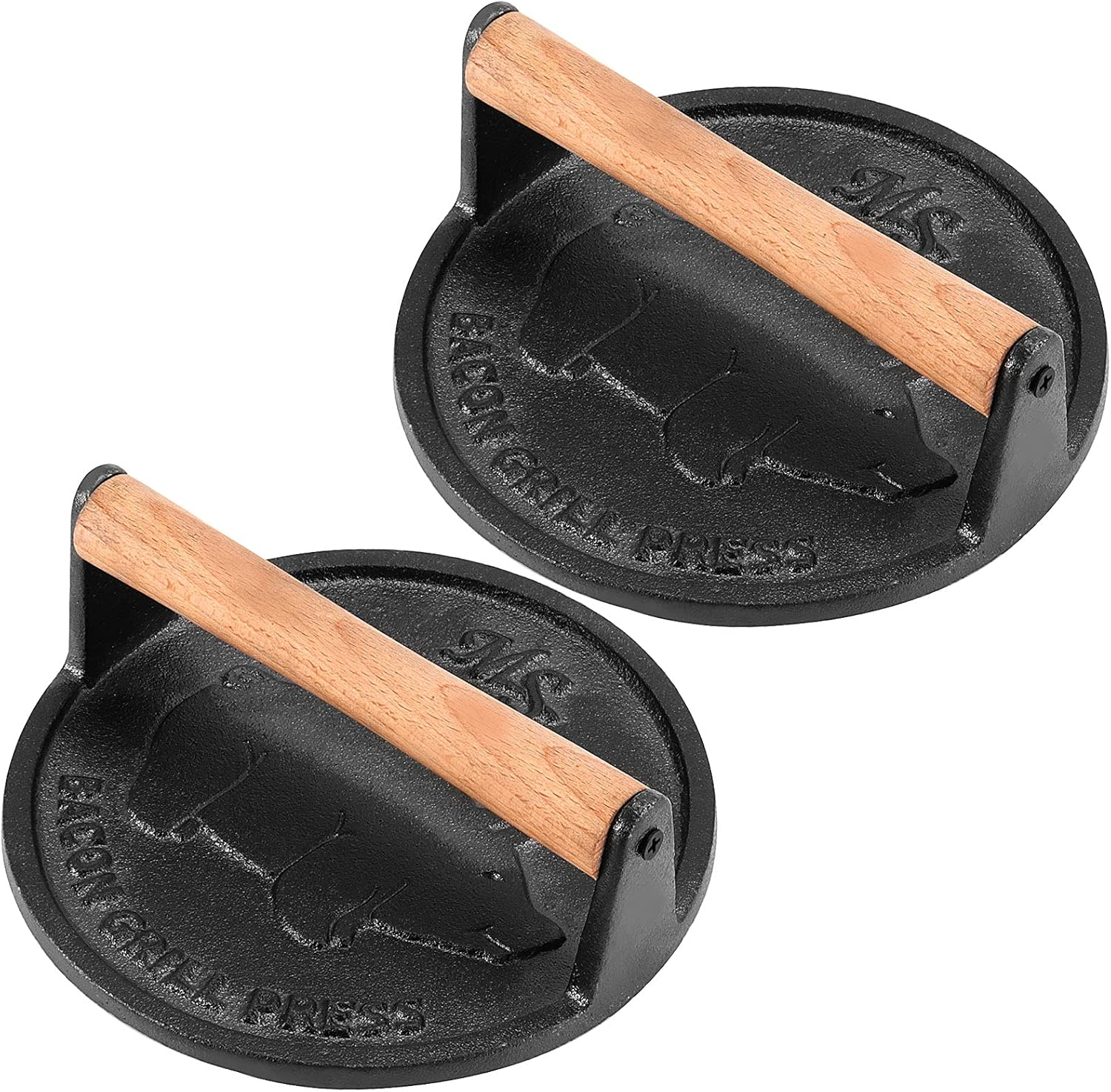 2 Pack 7 Inch Black Cast Iron Grill Press, Round Heavy Weight Bacon Press with Wooden Handle, Steak Weights for Grill Burgers Bacon Bread