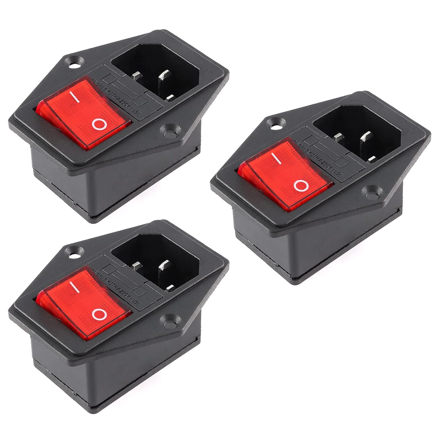 3Pcs AC-14-F16A Switch Power Socket with 10A Fuse - KCD4 Integrated Three in One Adapter Connector - Copper