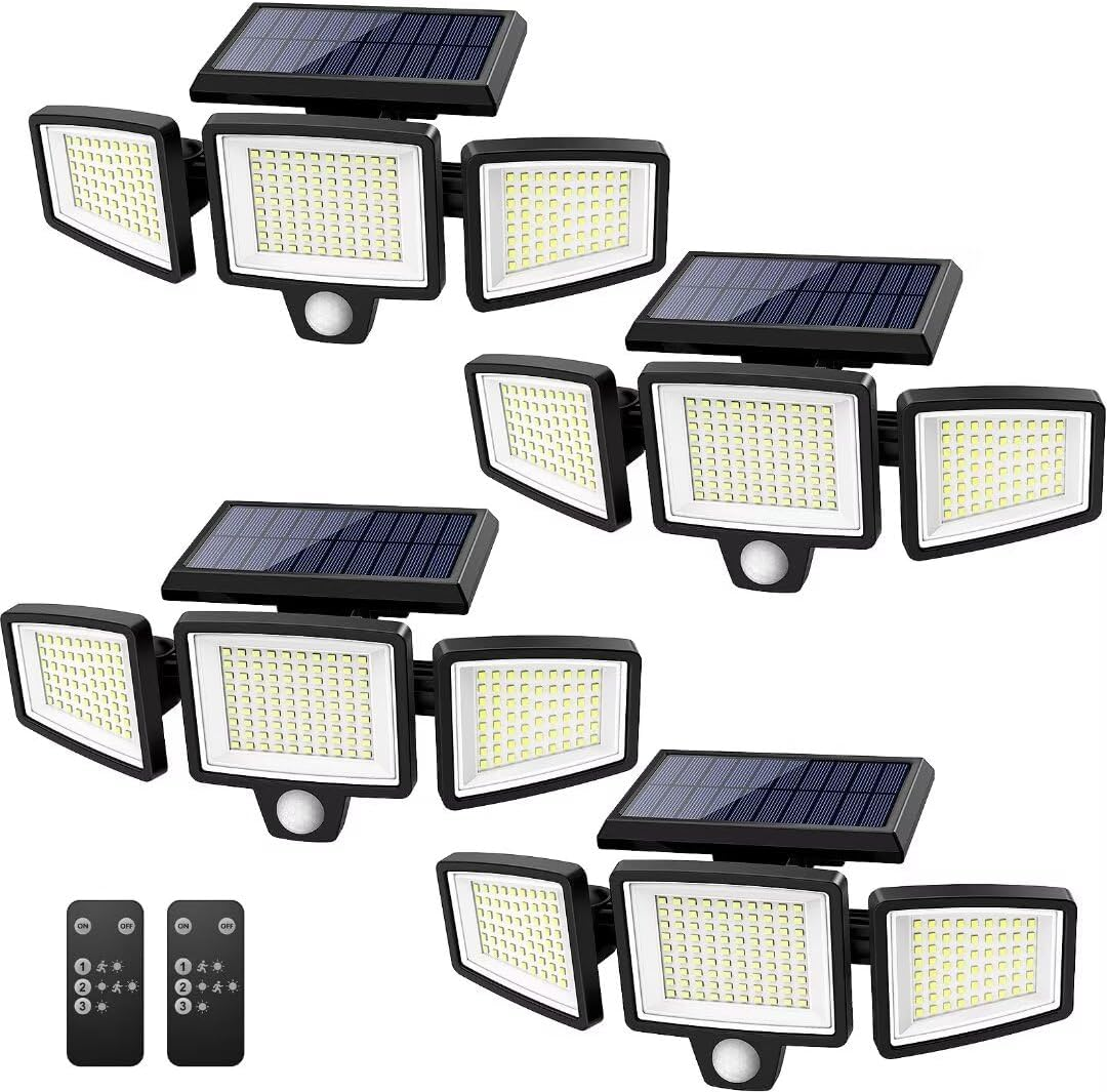 Solar Outdoor Lights 2500LM 210 LED Security Lights with Remote Control,3 Heads Motion Sensor Lights, IP65 Waterproof,270° Wide Angle Flood Wall Lights with 3 Modes(4 Pack)