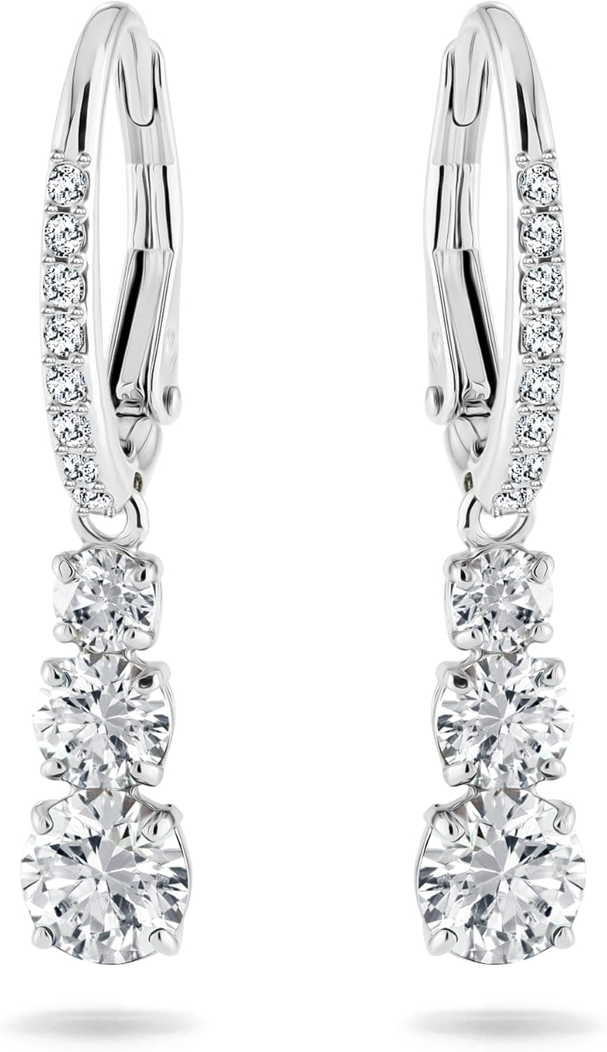 Swarovski Stilla Attract Trilogy Drop Pierced Earrings with White Crystals on a Rhodium Plated Setting with Hinged Closure