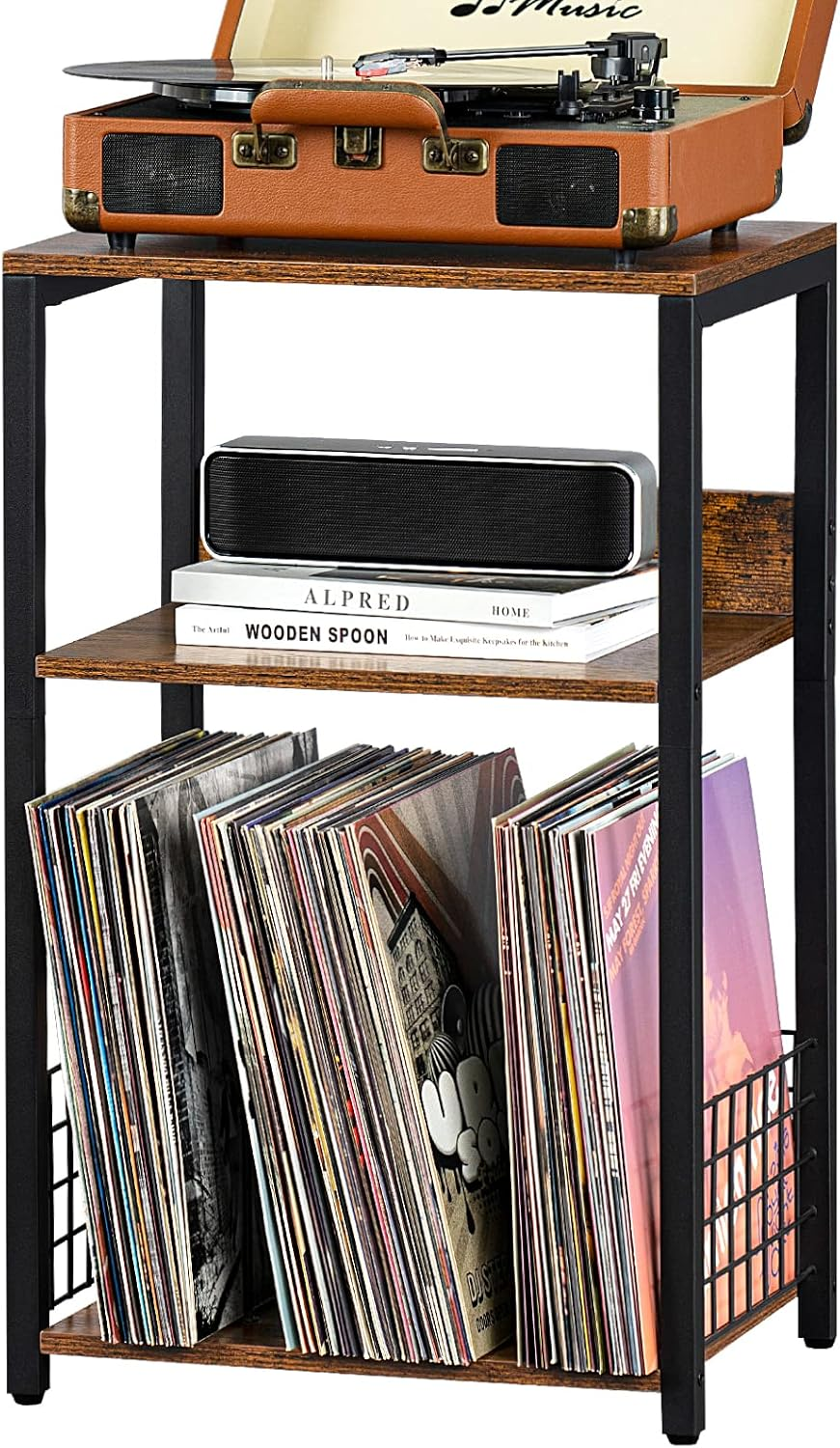 Turntable Stand 3-Tier Brown Record Player Table w/ Storage for 100 Albums