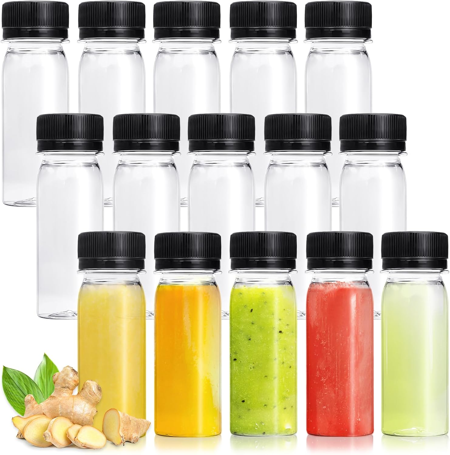30 Pcs 2 Oz Small Plastic Bottles for Liquids,Ginger Shot Bottle with Lids,Reusable Bulk Beverage Containers for Juice,Liquor,Potion,Wellness,Diy,Wedding,Party,Travel(Black Cap)