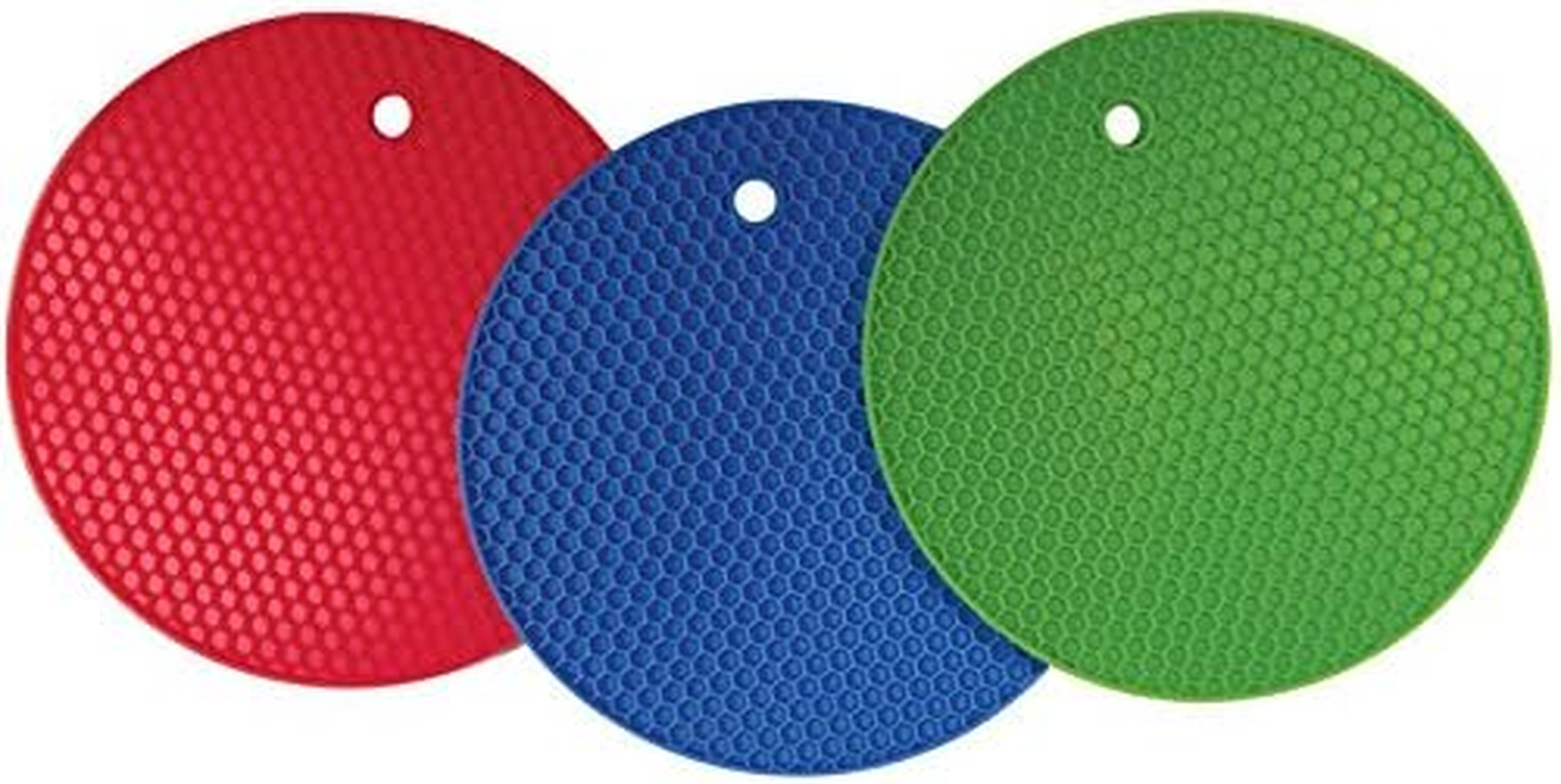 Set of 3, Large Silicone Pot Holders, Hot Pads, Trivets, 7 Inch, Blue, Lime Green and Red