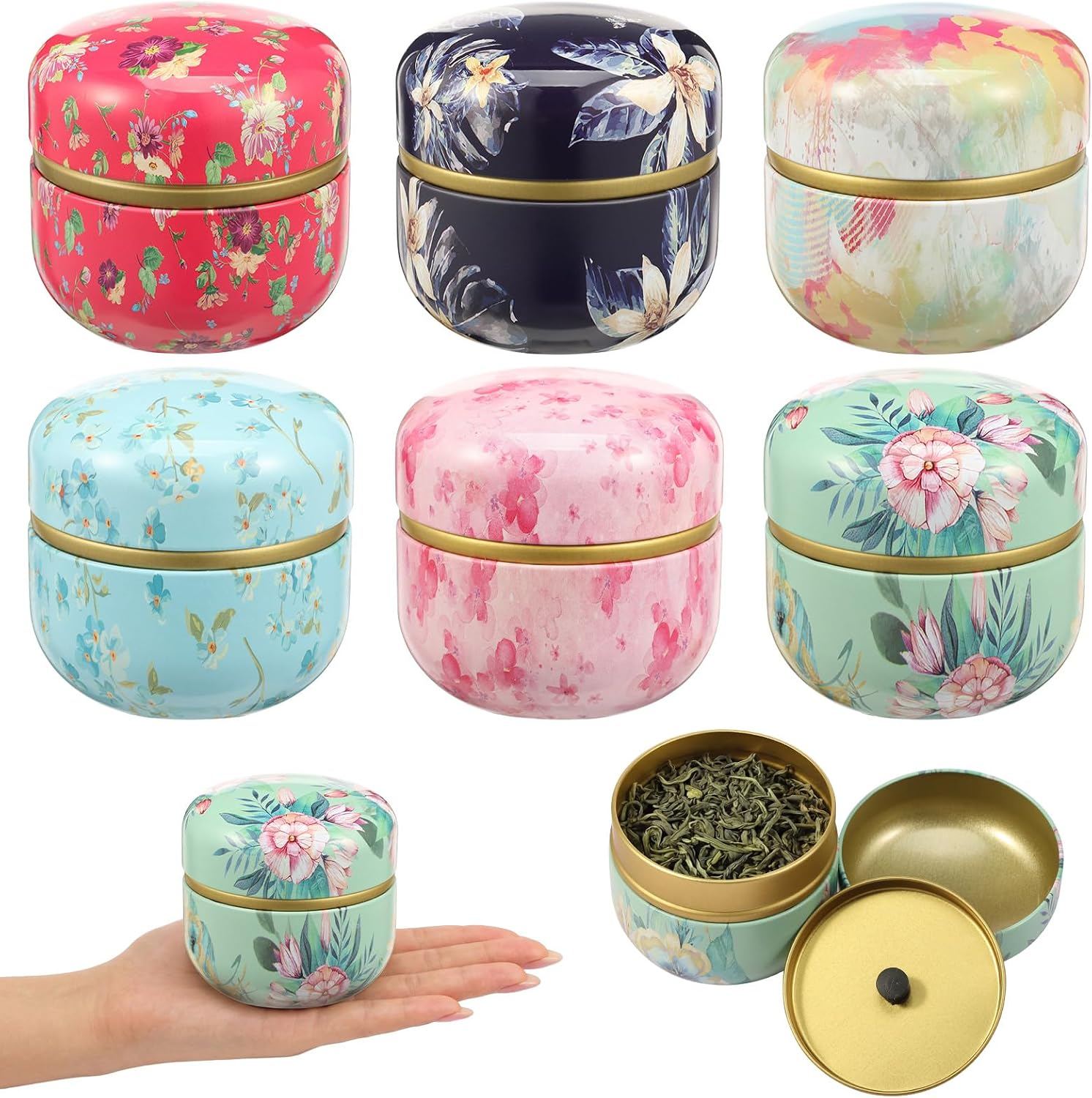 6 Pack Tea Tins Canister, Mini Tea Storage Containers with Airtight Double Lids, Vintage Floral round Tinplate Boxes for Loose Leaf Tea, Coffee, Spices, Candy & Candle Making, 8.5X8.5Cm