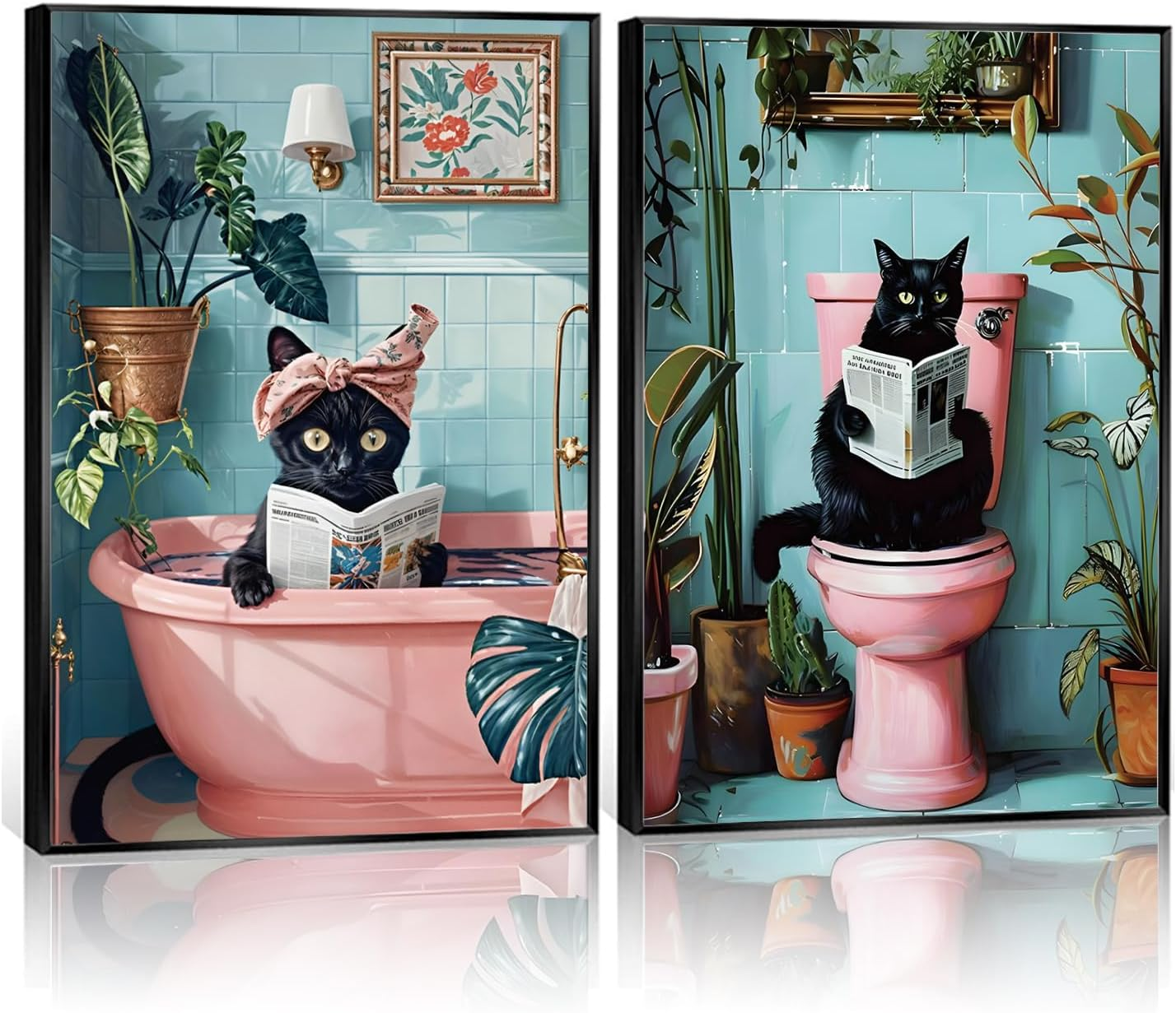2 Pcs Cute Black Cat Bathroom Wall Art Funny Cat Reading Newspaper Paintings Pic