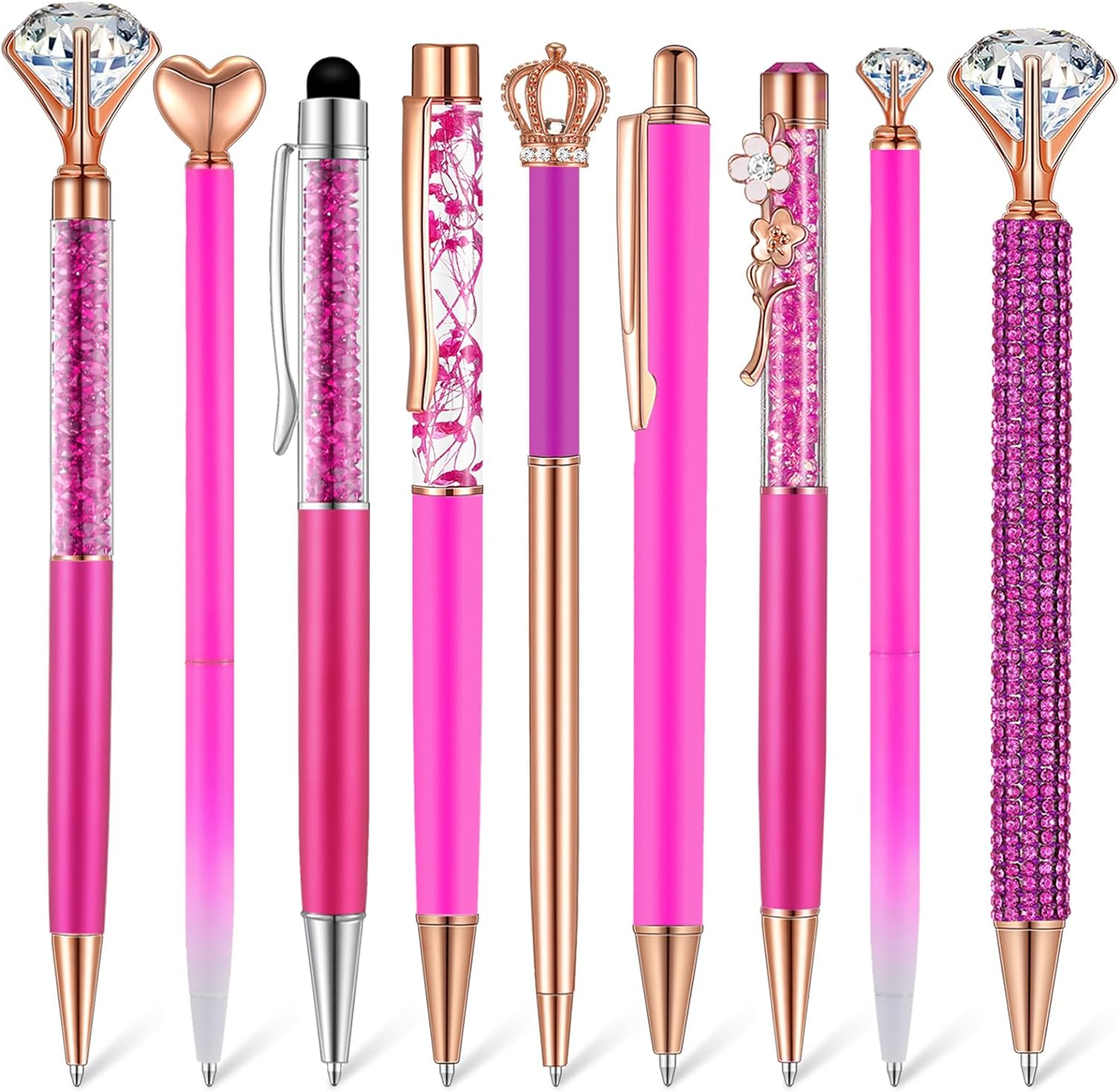 9 Pcs Ballpoint Pens Set Metal Crystal Diamond Glitter Pens for Journaling Black Ink Pretty Cute Things Fancy Stationery Gifts for Women Girls Birthday Home Office Desk(Fluorescent Pink)