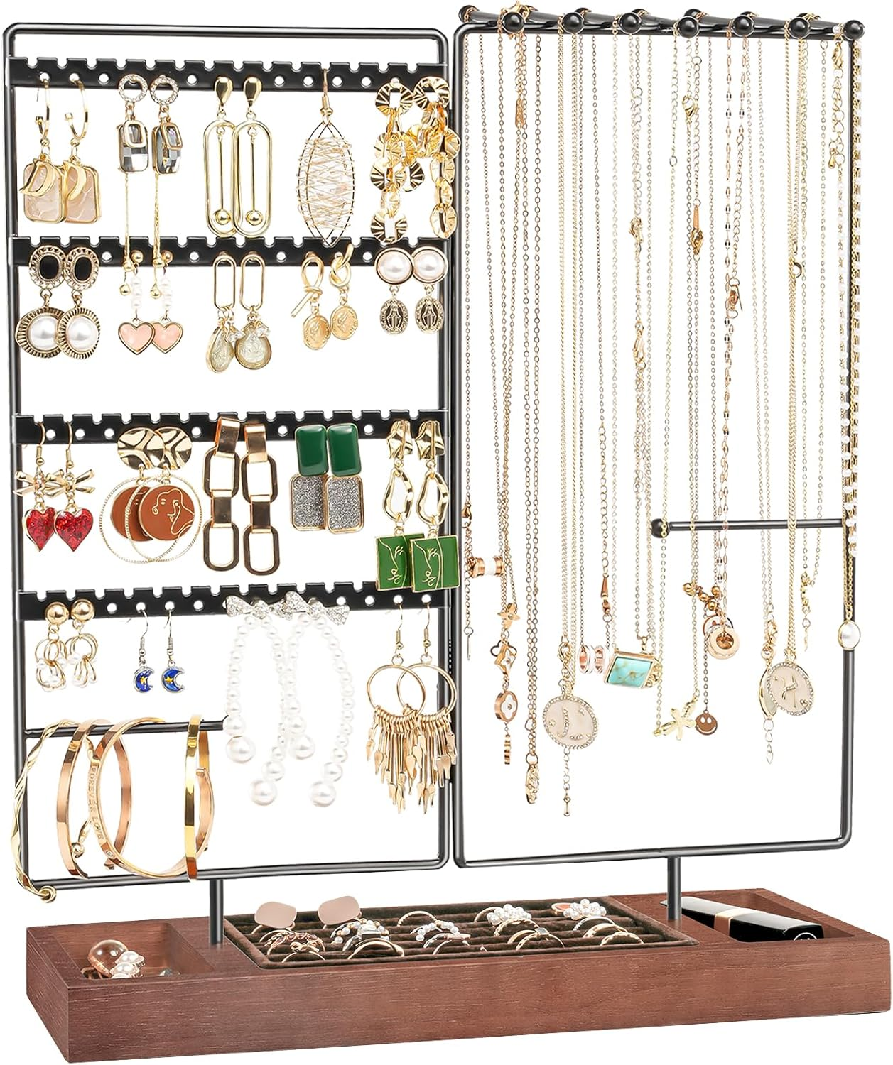 Jewelry Organizer Stand Earring Holder Organizer, 6 Tiers Earring Organizer Tree Necklace Rack Jewellery Tower Bracelets Holder Storage with Removable Wooden Ring Tray for Women Girls -Black