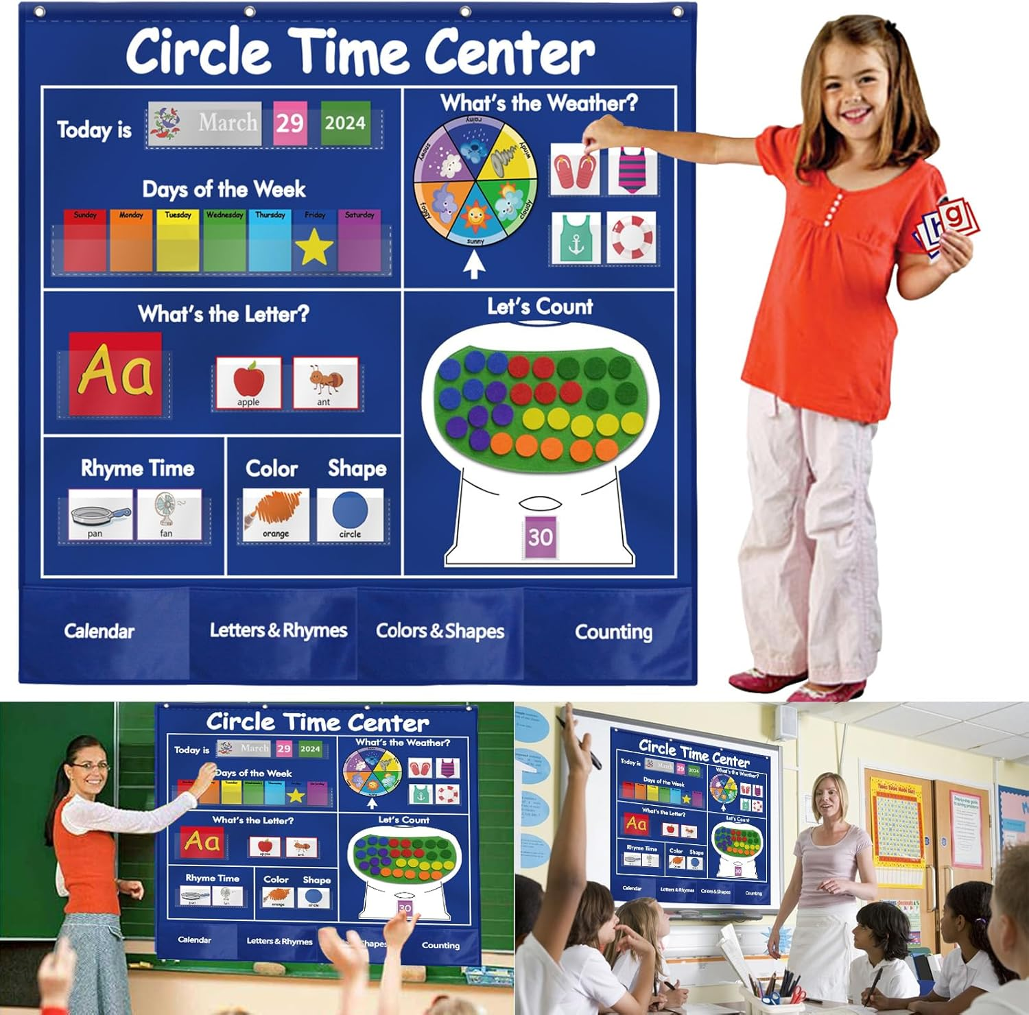 KIKIGOAL Circle Time Center Classroom Pocket Chart Educational Pocket Chart Teaching Materials Learning Calendar Weather Counting Letter Color Shape Etc