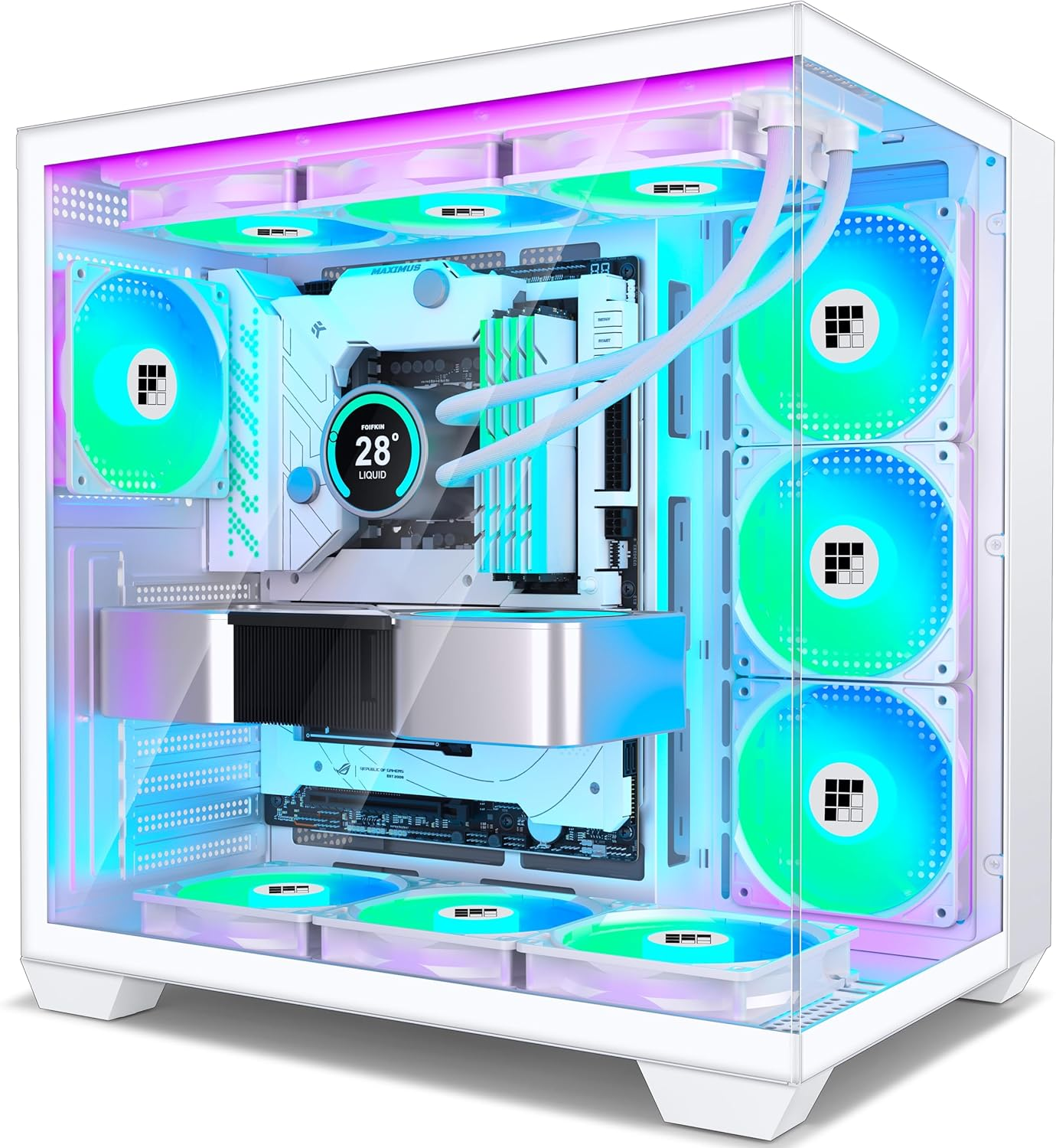 F600 PC Case - Pre-Installed 7 PWM ARGB Fan, ATX Mid-Tower Gaming PC Case, 270° Panoramic Glass with Type-C, (White, F600)