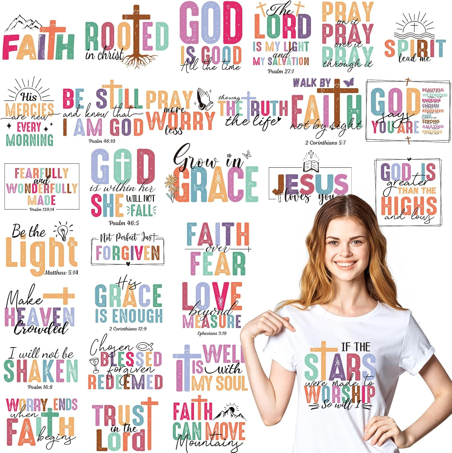 Dtf Transfers Ready to Press - 30 Pcs Christian Iron on Patches for T-Shirts, Jesus God Bible Iron on Stickers, Heat Transfer Vinyl Decals for Clothes Bag DIY Crafts Fabric Decor