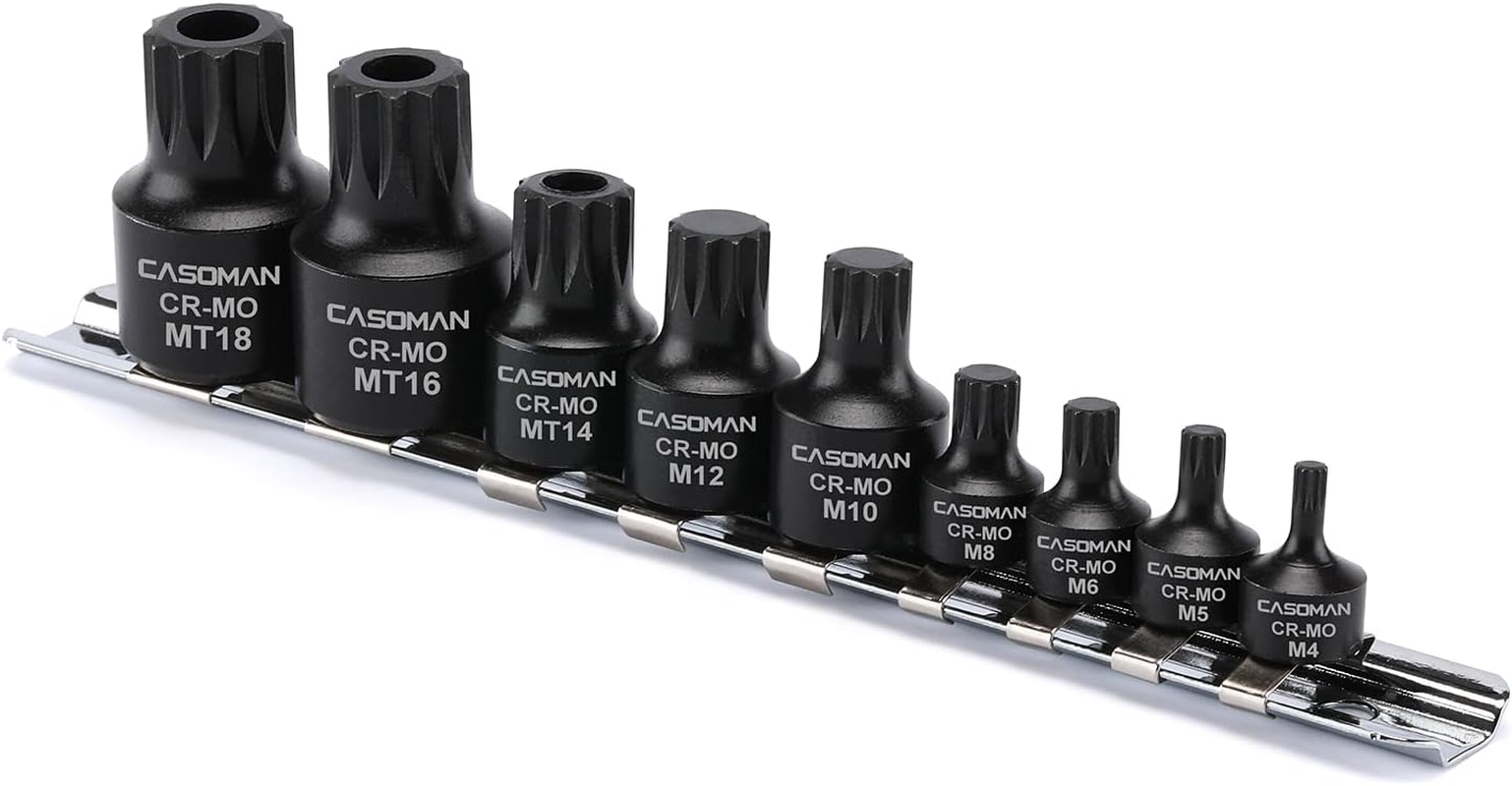 9-Piece Low Profile Impact Triple Square Bit Socket Set, Includes Storage Rail, 1/4