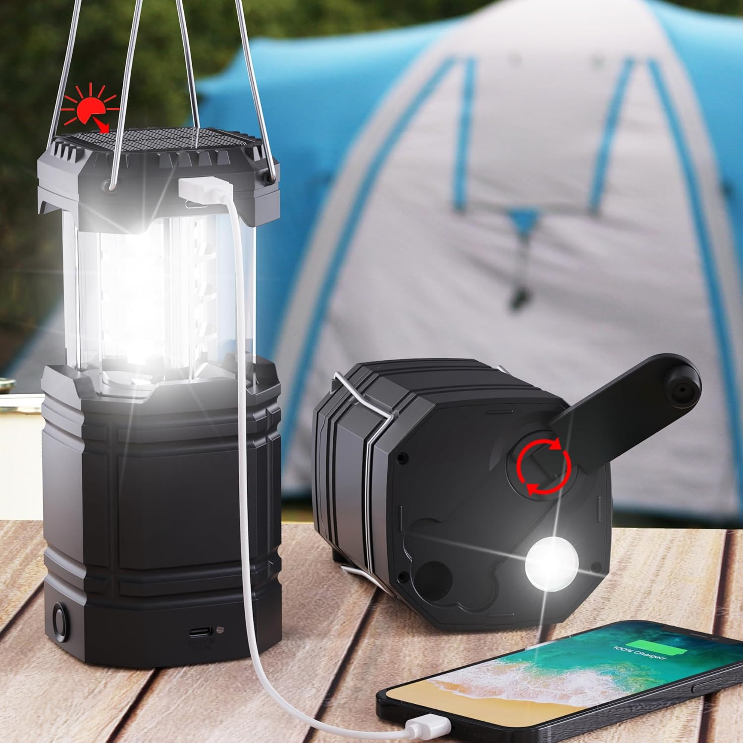 3000Mah Large Capacity Hand Crank Solar Camping Lantern, Portable Ultra Bright LED Torch, 23-26 Hours Running Time, USB Charger, Electronic Lantern for Outdoor