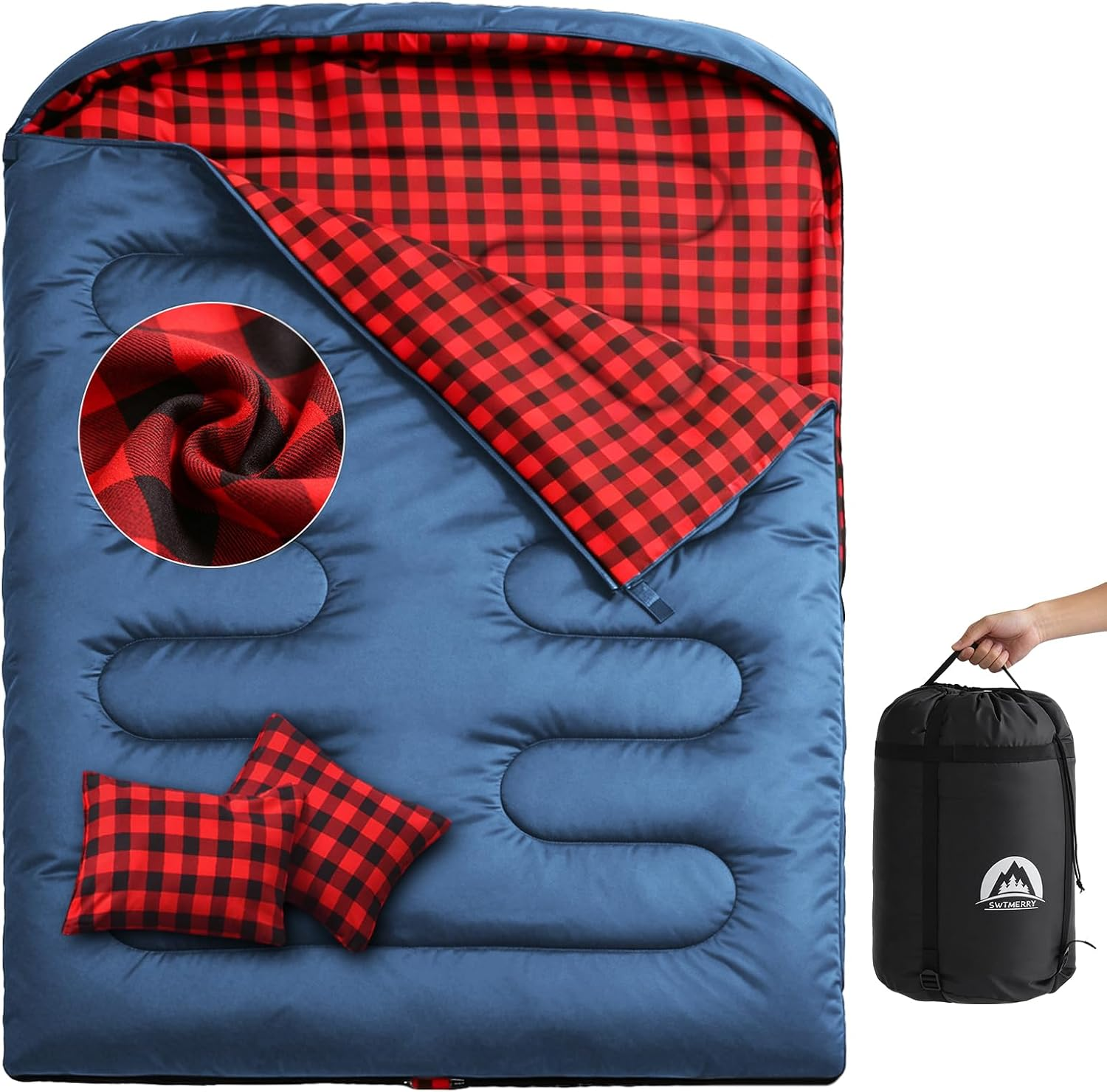 Double Sleeping Bag for Adults with 2 Pillows, Big&Tall XL Queen Size Sleeping Bag for 2 Person, Waterproof 2 Person Sleeping Bags for 3 Seasons,Cold Weather&Warm,Camping,Hiking & Backpacking