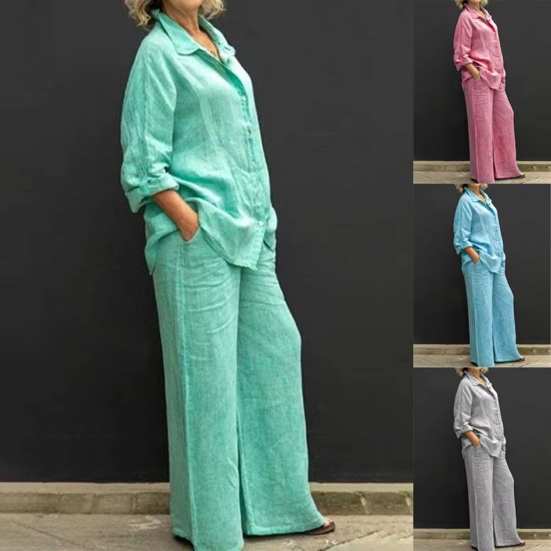 Hot Selling New Women'S 2 Piece Linen Co-Ord Set Oversized Loose Fit Long Sleeve Shirt Wide Leg Pants