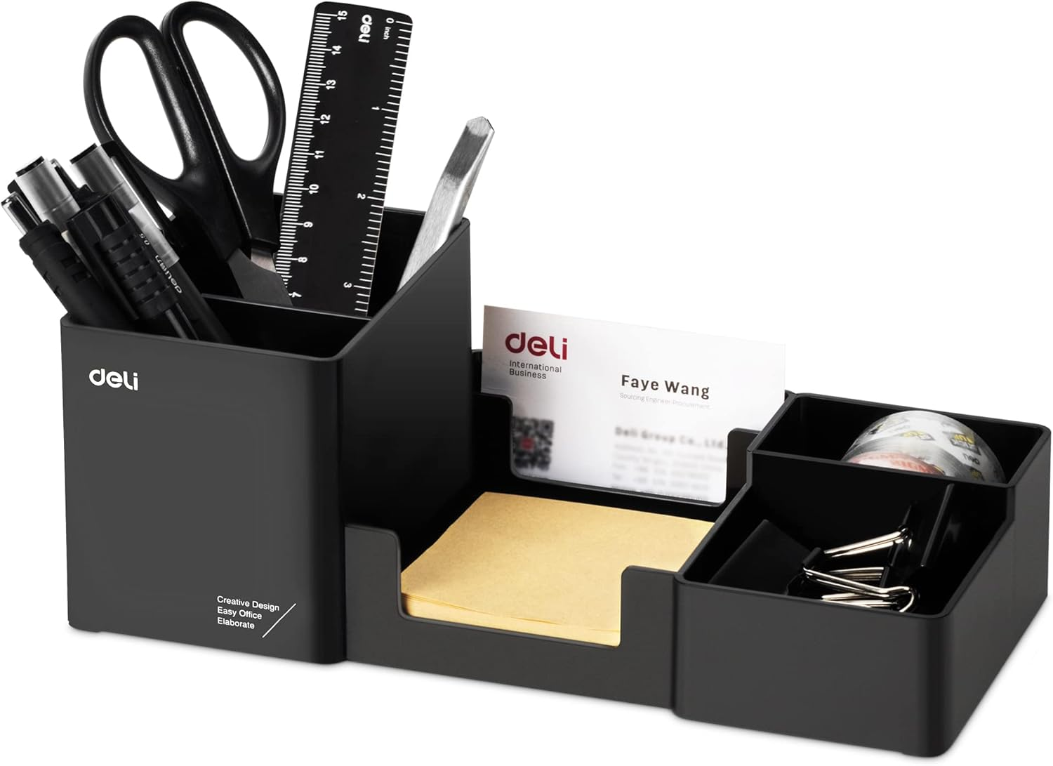 Desk Organizer, Plastic Desktop Organizer with Pencil Holder and Sticky Note Tray, Office Stationery Supplies Organizers Accessories Caddy, 6 Compartments, Black