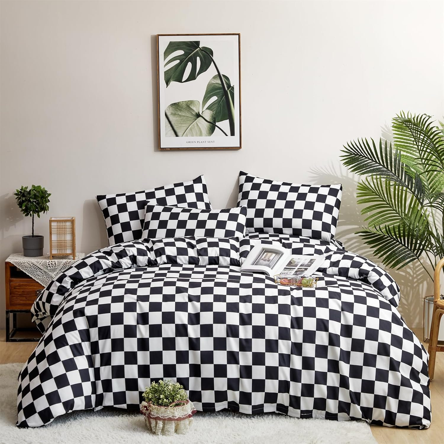 Black White Plaid Twin Comforter Set 3Pcs Grid Bedding Comforter Sets Soft Checker Black and White Comforter with 2 Pillowcases