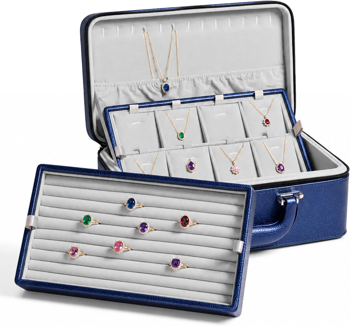 Oirlv Blue Leather Jewelry Box Handmade Travel Jewelry Organizer Storage Case Holder for Girl Lady Earring,Ring,Necklace,Pendant,Watch,Bracelet.(3 Layers)