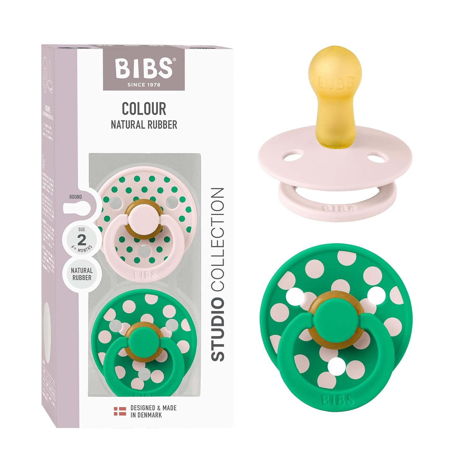Polka Dots Pacifier 2-Pack, BPA Free Pacifiers with a round Latex Nipple, Made in Scandinavia, Size 2 (6-18 Months), Petal/Cactus