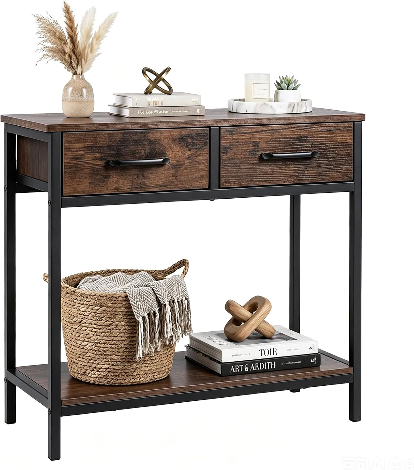 Narrow Console Table, 75Cm Slim Entryway Table with 2 Storage Drawers and Open Shelf, Metal Frame behind Couch Sofa Tables for Hallway, Foyer, Living Room, Small Spaces (Rustic Brown+Black)