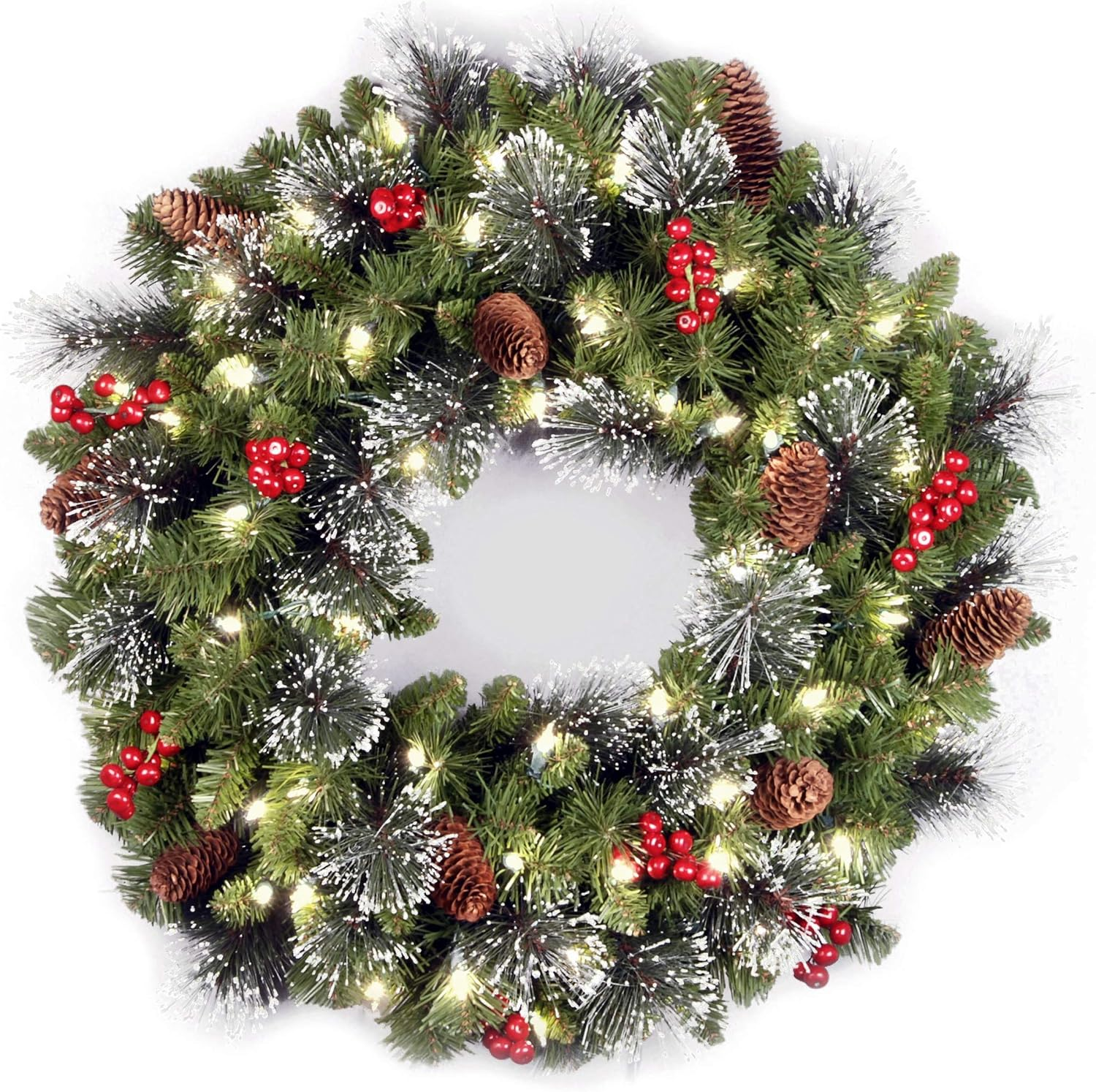 24 in Pre-Lit Crestwood Spruce Artificial Christmas Wreath, Christmas Decoration with Glitter, Pinecones, Red Berries, 50 Clear LED Lights, 160 Tips, Timer, Green