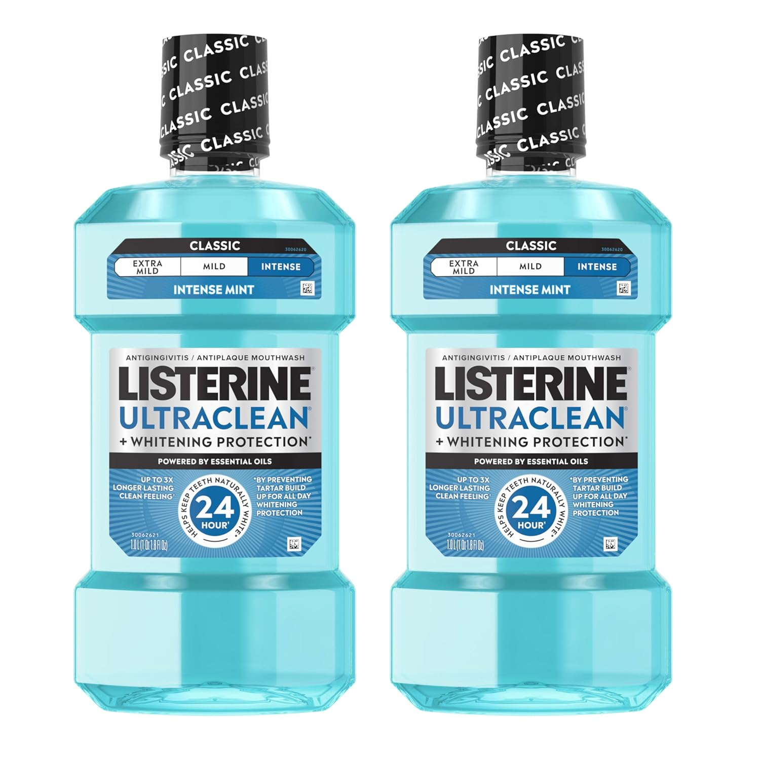 Listerine Ultraclean Intense Antiseptic Mouthwash + Whitening Protection*, Everfresh Technology to Help Fight Bad Breath, Gingivitis, & Plaque, Tartar Control Oral Rinse, Intense Mint, 1L, Pack of 2