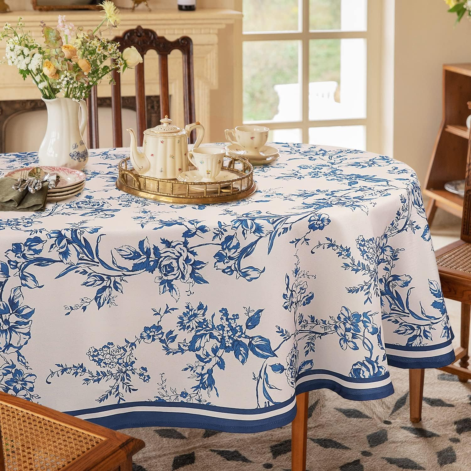 Modern Blue Floral Oval Tablecloth 60 X 84 Inch – Waterproof, Wrinkle-Free Fabric Table Cover for Indoor and Outdoor Dining Decor