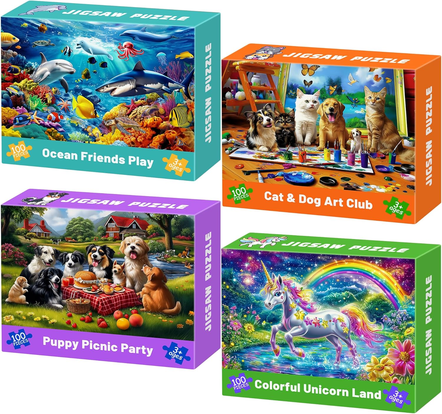 100 Piece Puzzles for Kids Ages 4-6, 4 in 1 Jigsaw Puzzles for Kids Ages 6-8, Sea World Cats Dogs Unicorn Learning Educational Children Puzzles 5-8 for Boys and Girls