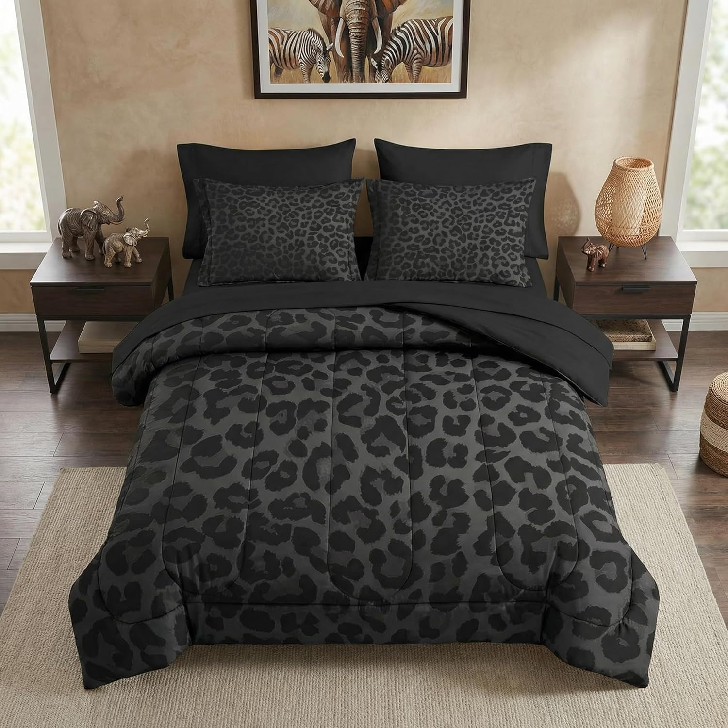 7 Pcs Comforter Set Queen Size, Leopard Print Wild Animal Bedding Set for Kids and Adults, Black Grey African Cheetah Wildlife Sheets Bed Sheet Sets with Fitted Sheet 2 Pillowcases & 2 Shams