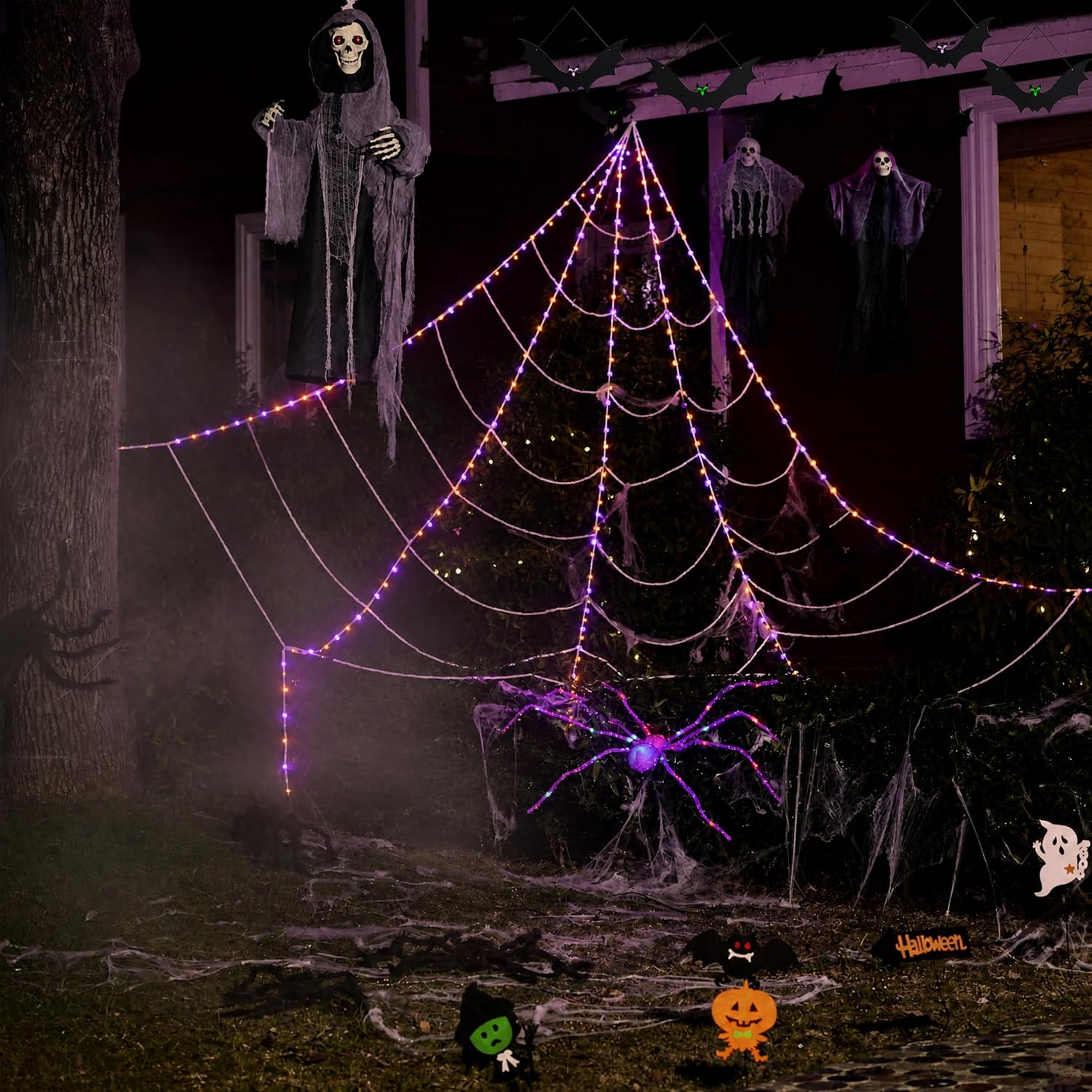 18 PCS Halloween Decor Set: Lighted Spider Web, Animated Ghost & Spiders