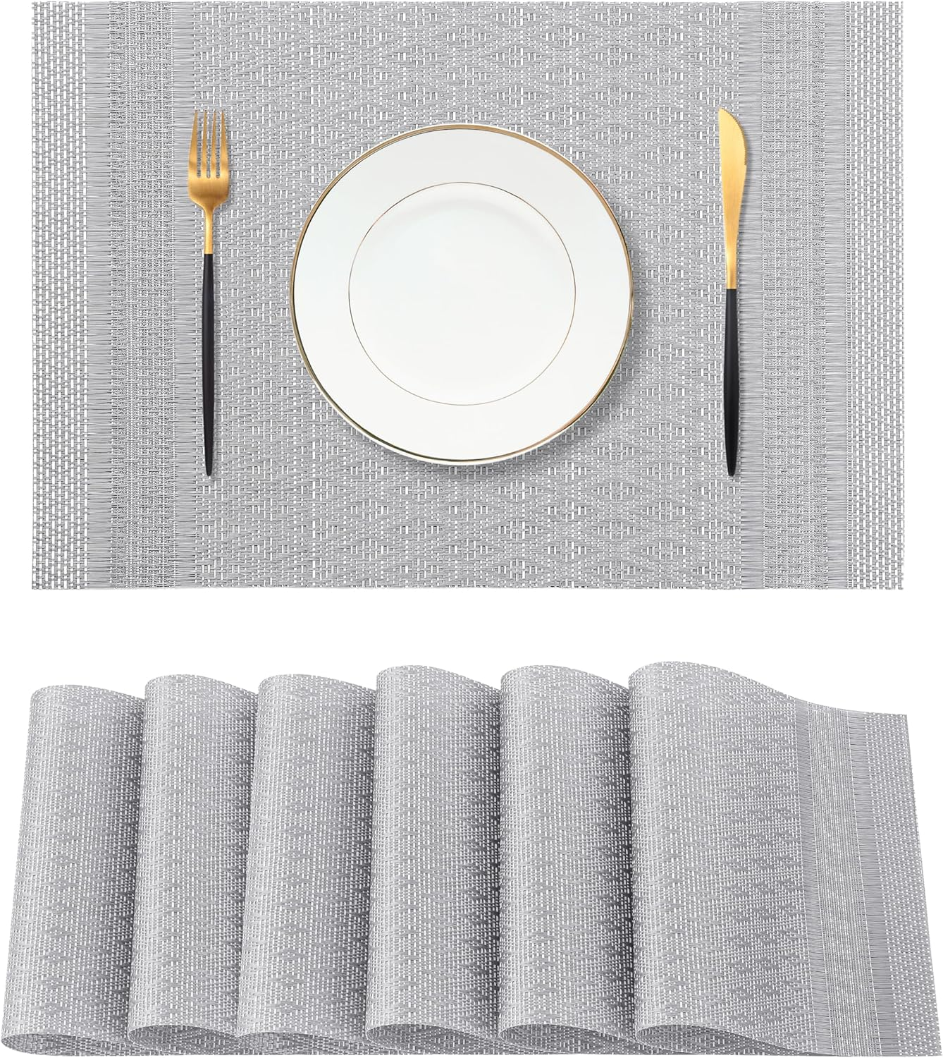 Lunar Grey Placemats Set of 6 - Heat Resistant Non-Slip Place mats for Dining Table, Washable Durable PVC Vinyl Woven Table Mats（Lunar Grey, 6）