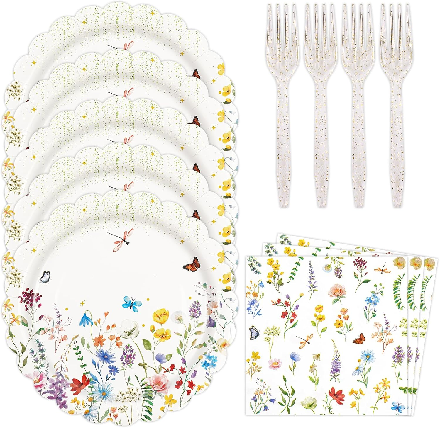 48PCS Wildflower Plates and Napkins Party Supplies, Disposable Scalloped Paper Plates Cocktail Napkins Forks Tableware Set for Birthday Wedding Baby Shower Picnic Tea Garden Party Decor 16 Guests